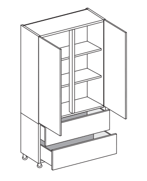 Line drawing of a tall cabinet with open doors and shelves.