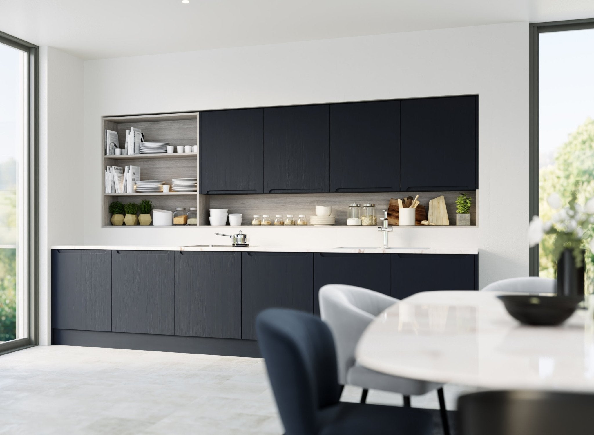 Modern kitchen with indigo cabinets and white countertops