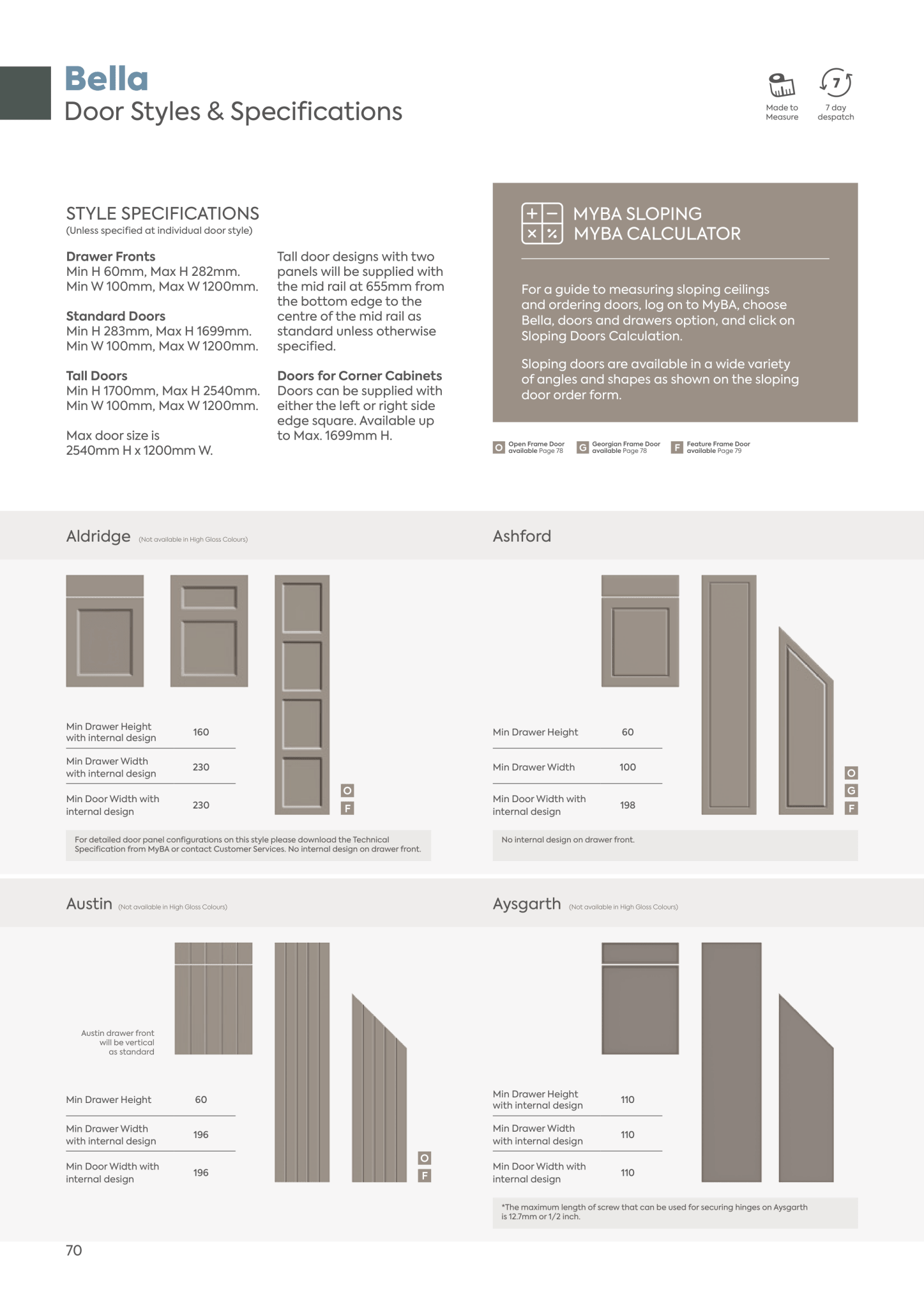 Bella door styles and specifications with door design illustrations and measurements.