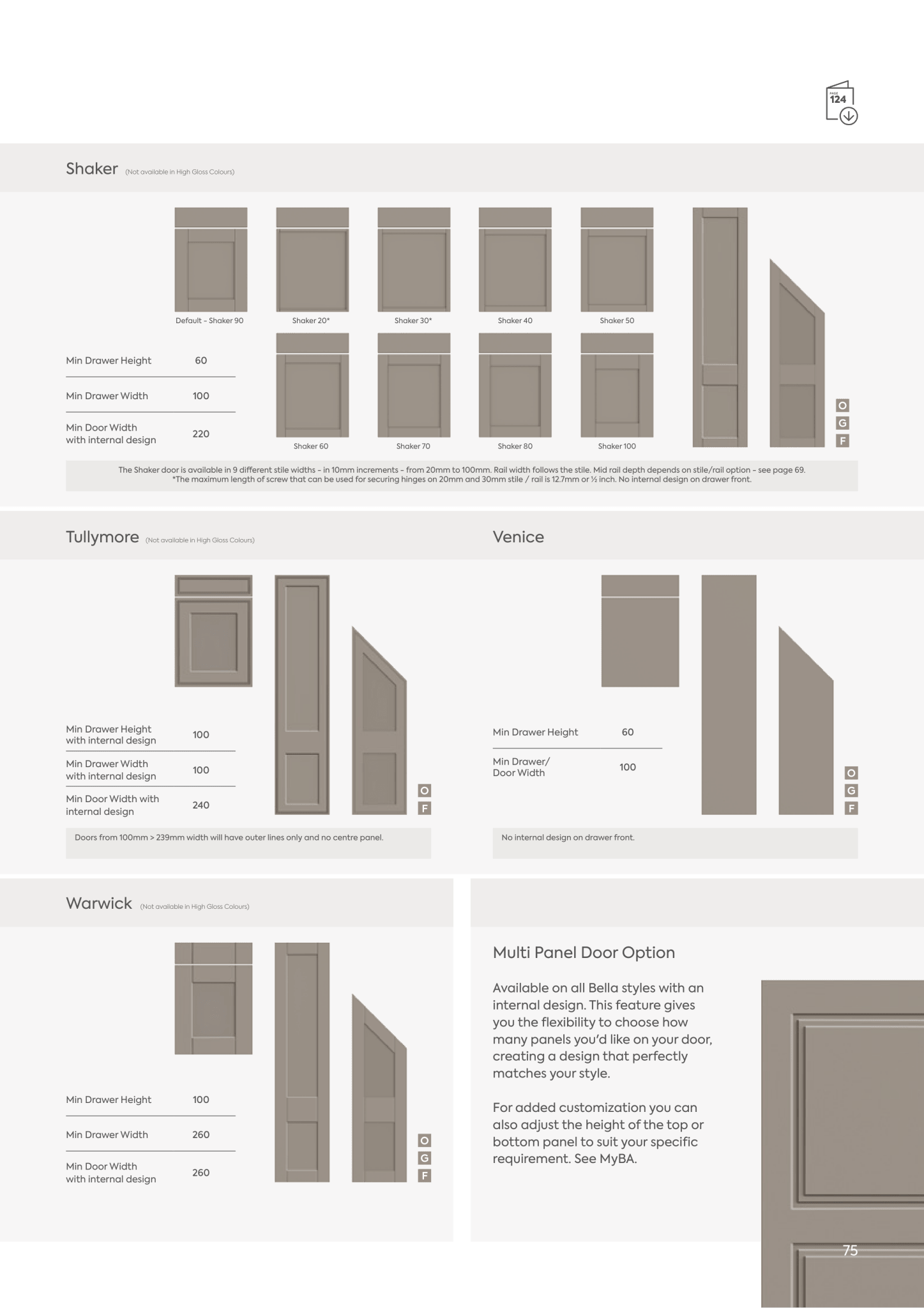 Sheet of bella door design options with various panel arrangements and dimensions.