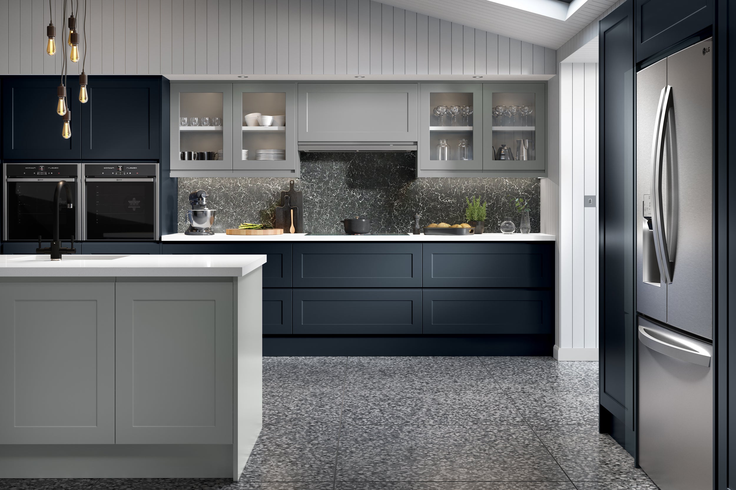 Modern kitchen with dark blue cabinets, stainless steel appliances, and a dust grey island.