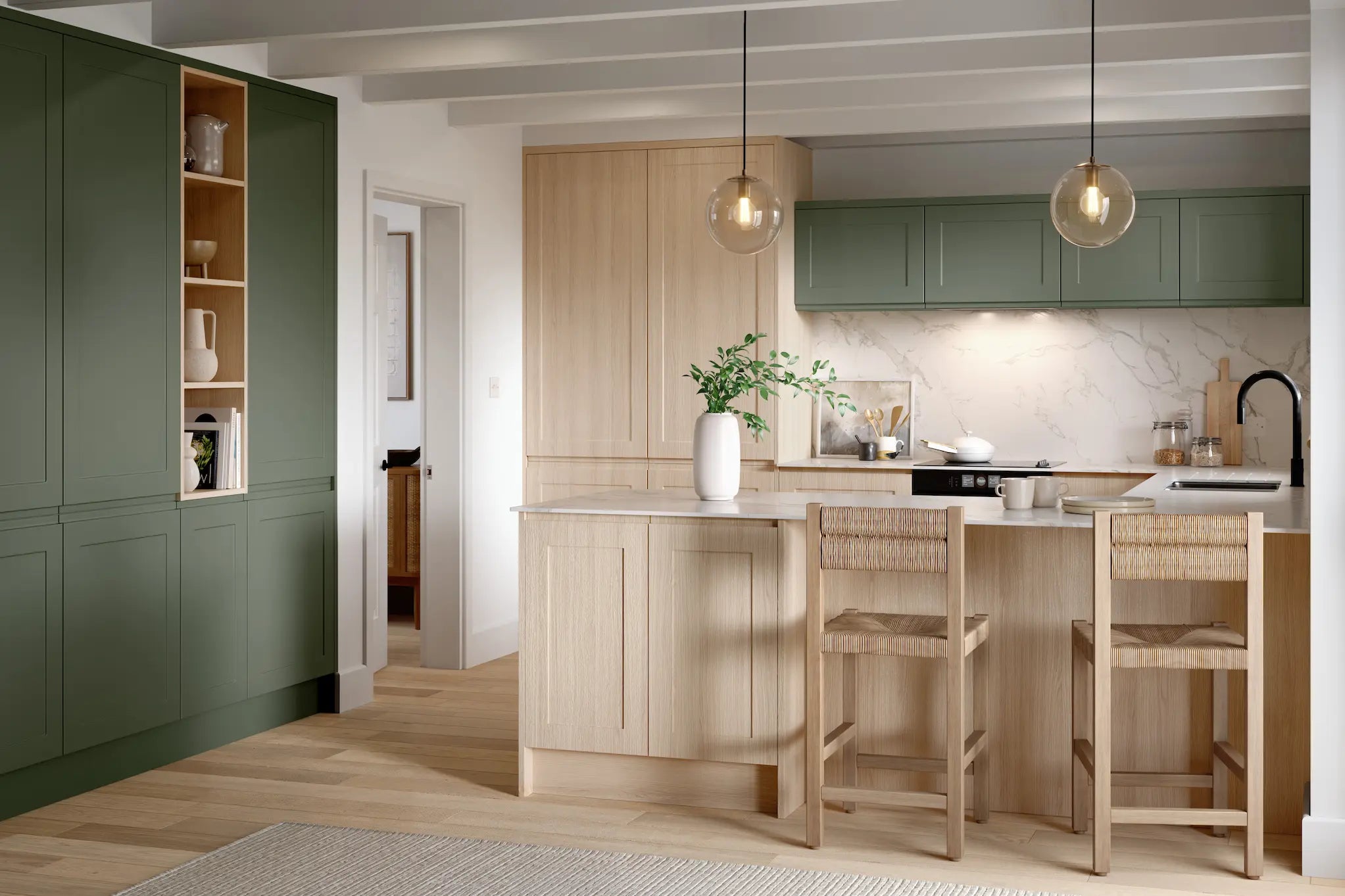 Bella Elland supermatt smoke green and light vicenza oak kitchen with breakfast bar in the oak.