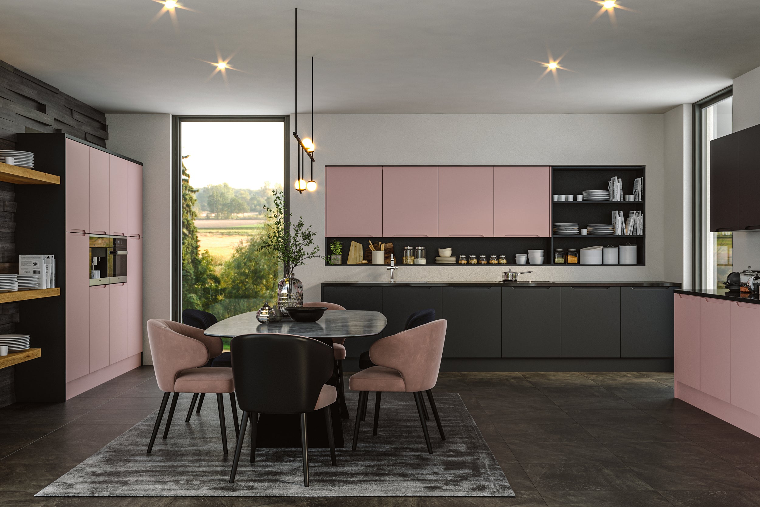 Modern kitchen with pink and black cabinets, dining table, and chairs.