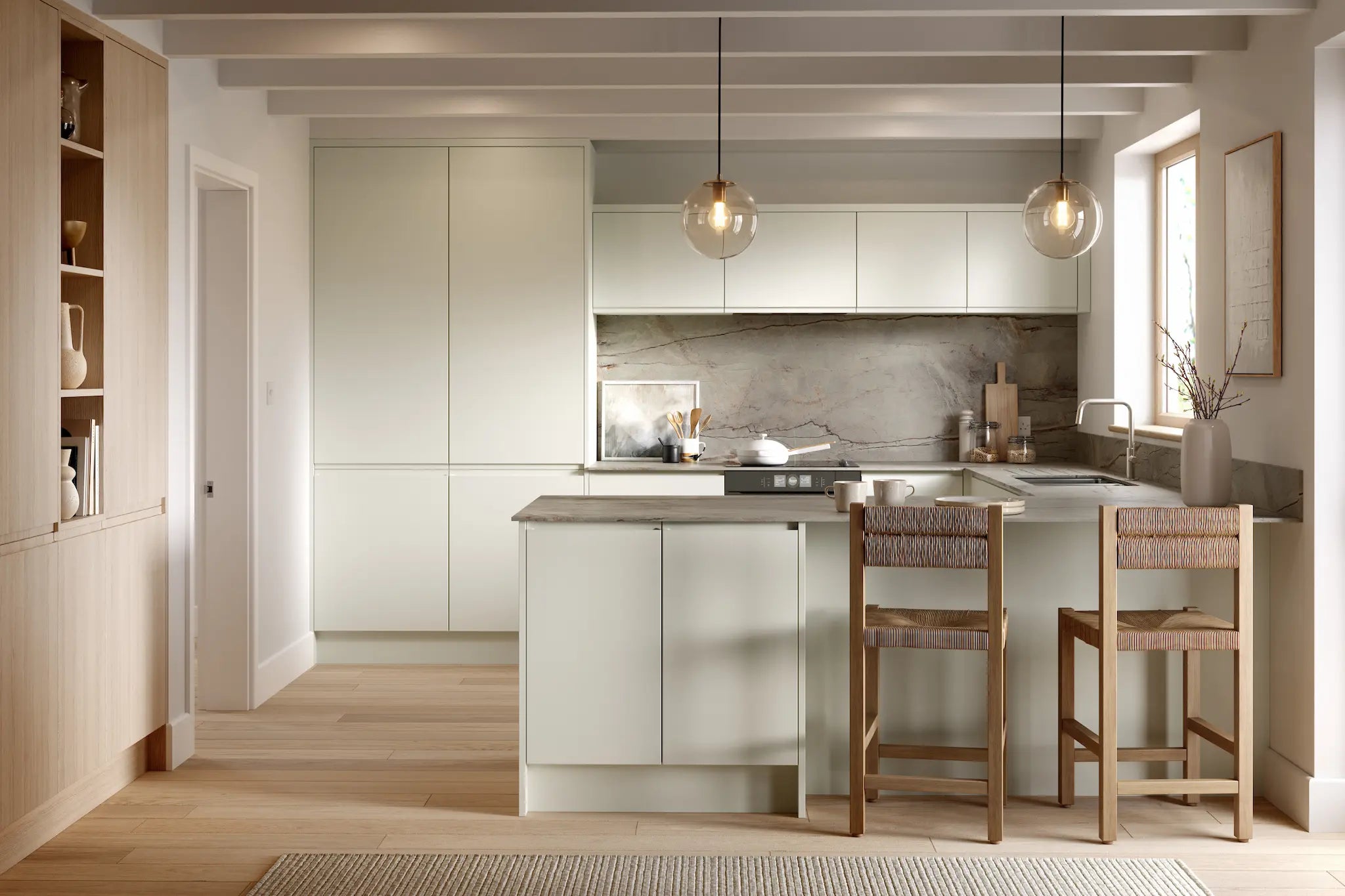 Bella Knebworth with supermatt white grey and light vicenza oak doors.