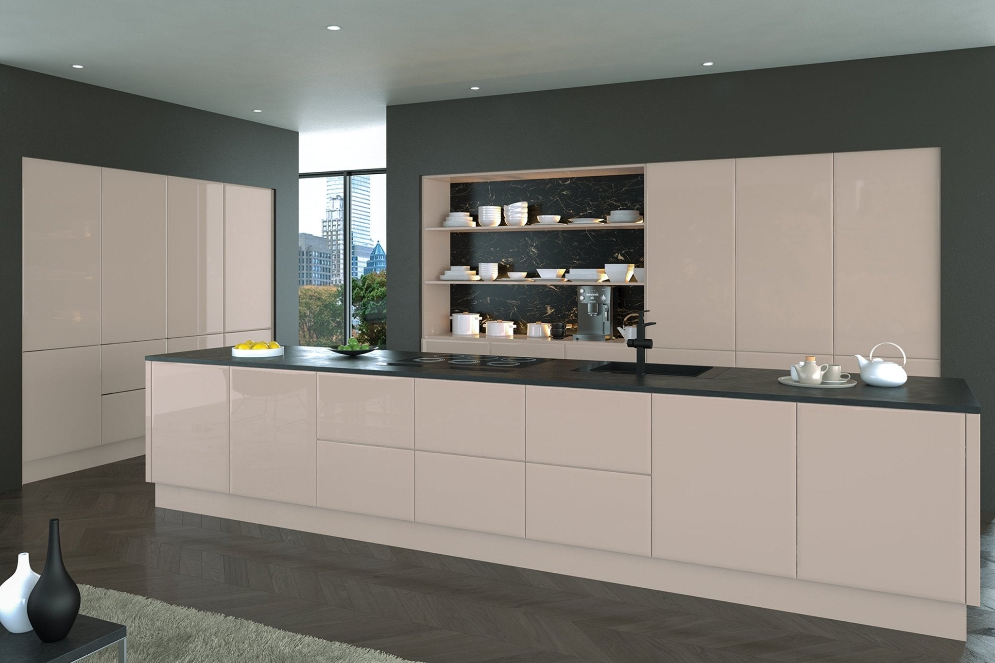 Modern slab kitchen with cashmere cabinets and black countertops