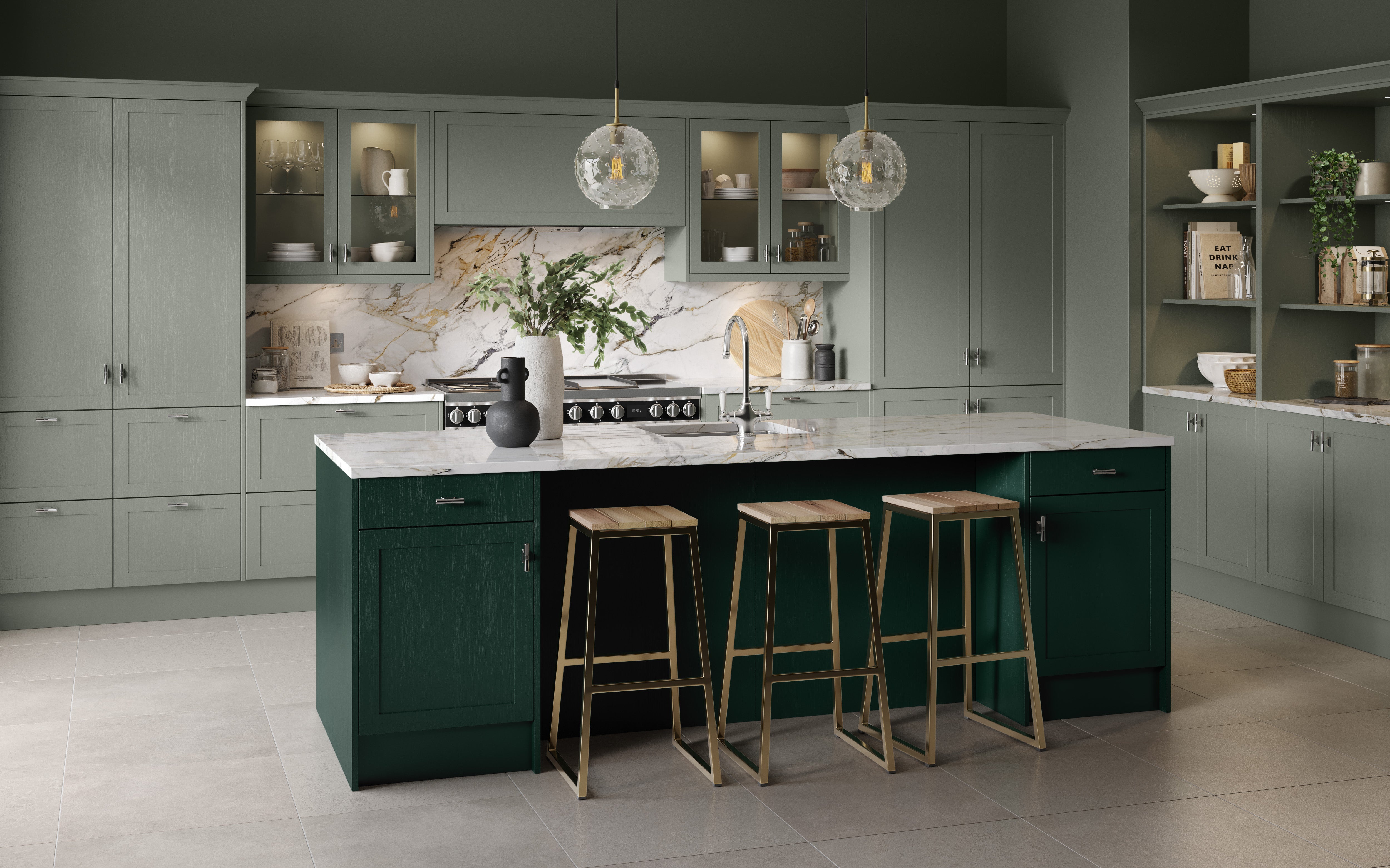 Modern kitchen with fir green island and sage green cabinet doors.