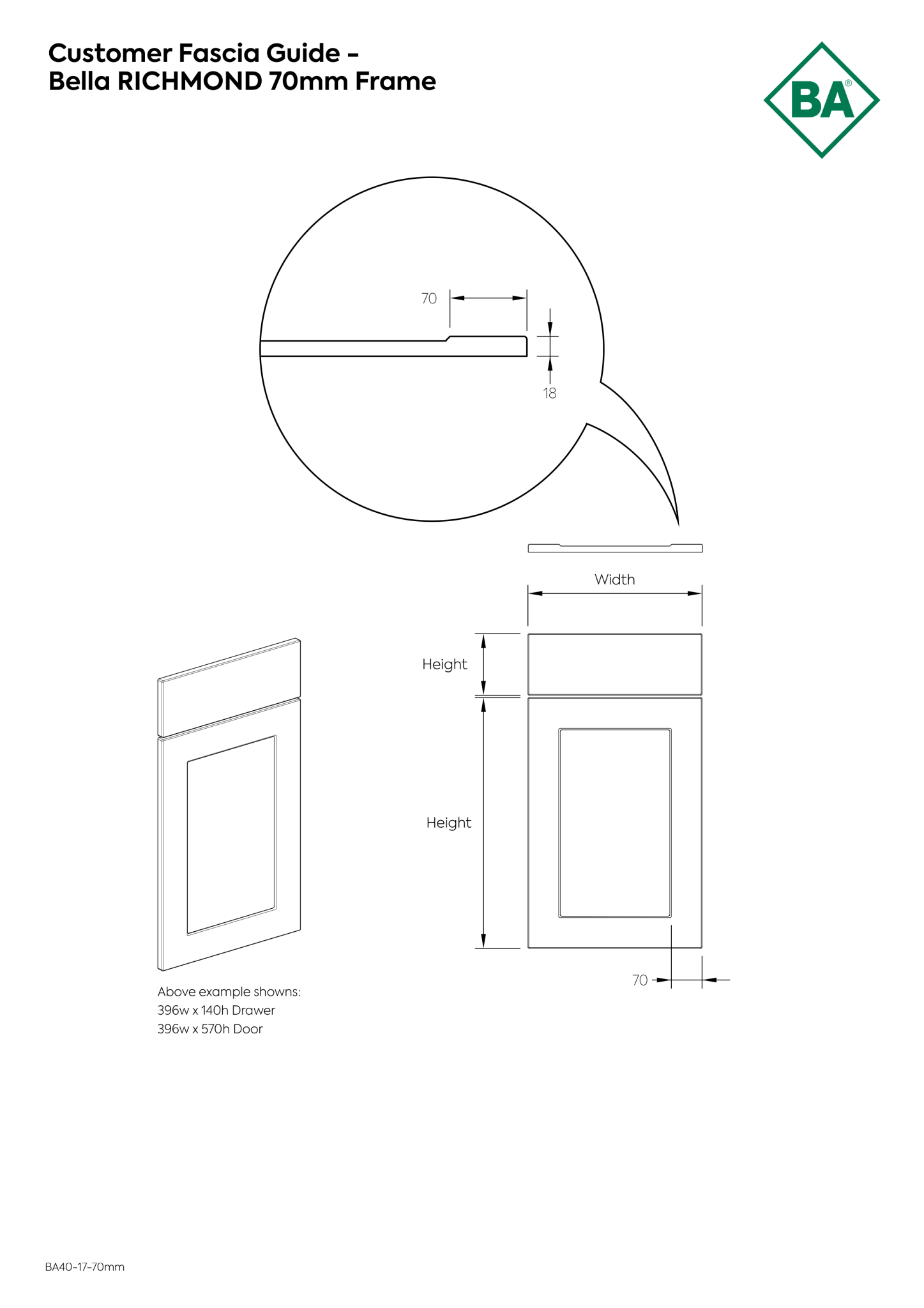Technical drawing of a Bella Richmond 70mm frame with dimensions and measurements.