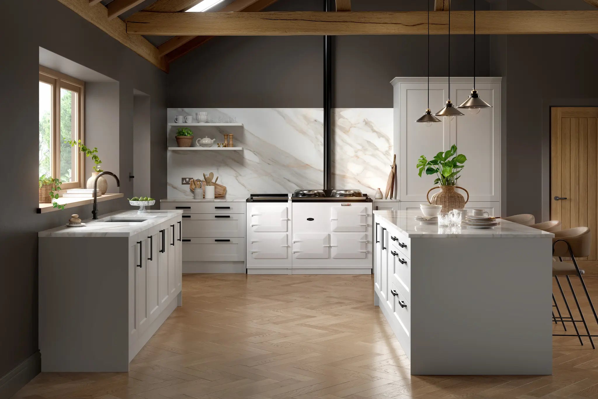 Bella Richmond kitchen with supermatt dove grey cabinet doors and island, light coloured marble worktops, and wooden floor.