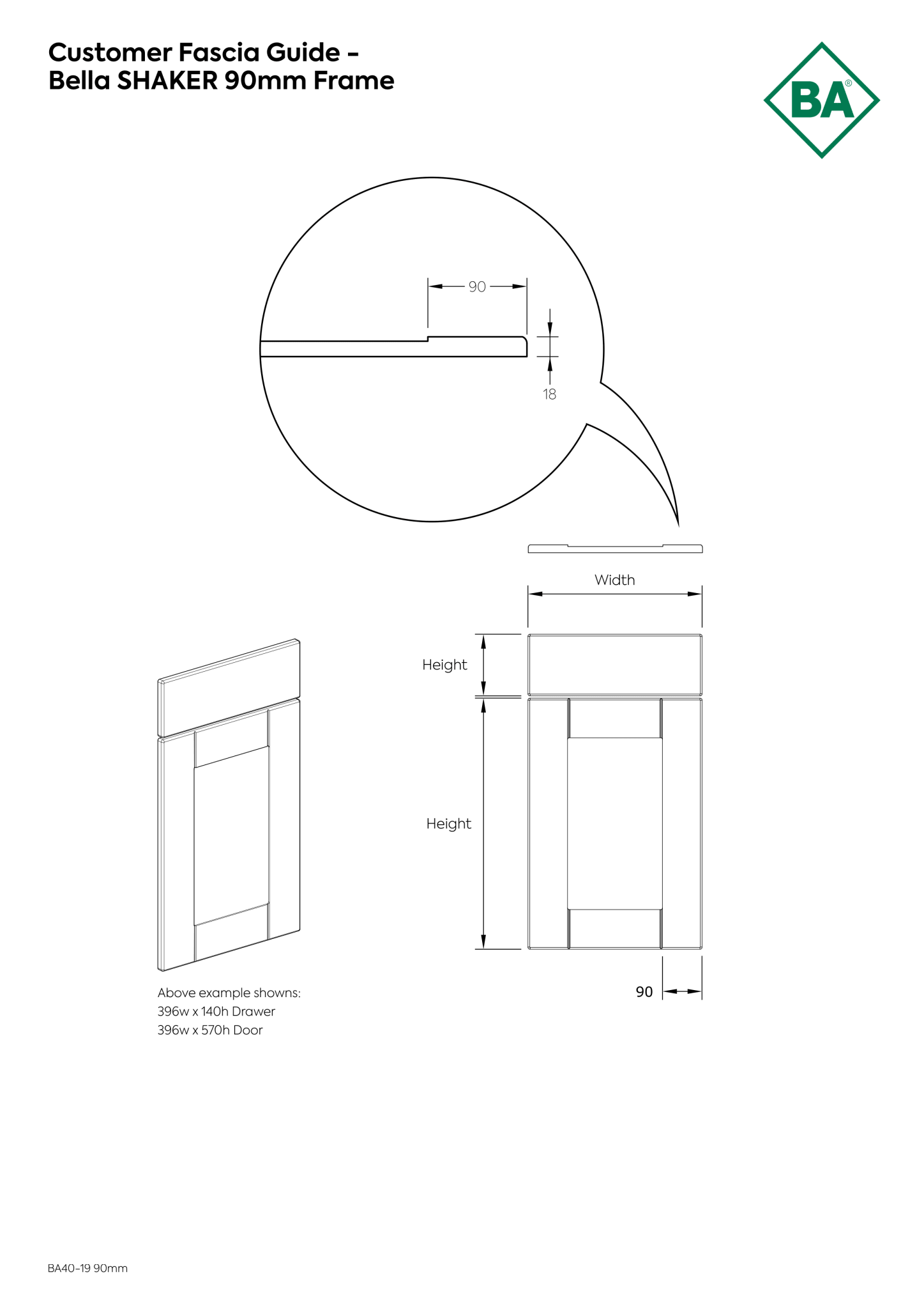 Technical drawing of a Bella Shaker 90mm frame with dimensions and examples on a white background.