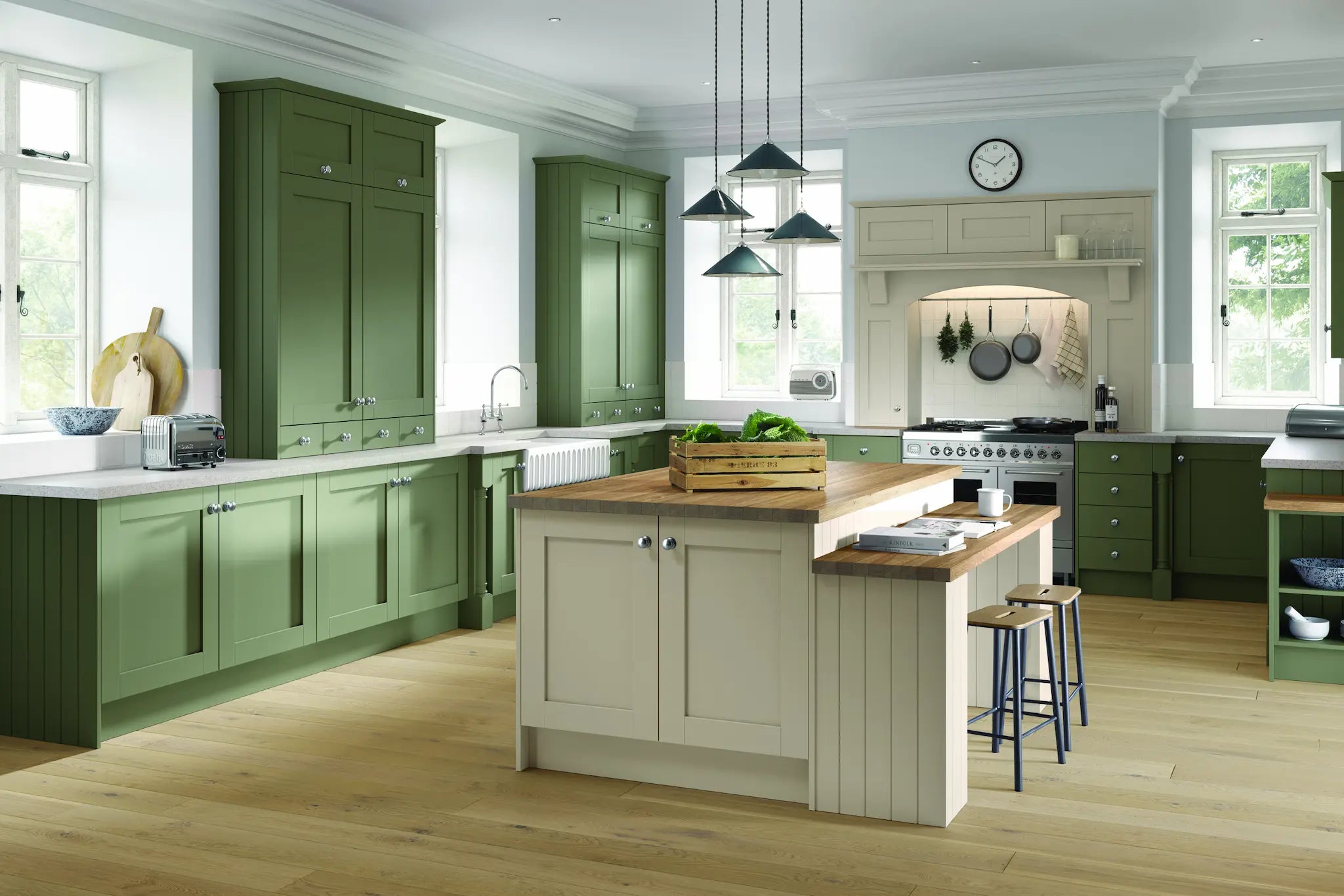 Bella Shaker kitchen with green cabinets, a mantel kit, and a central island.