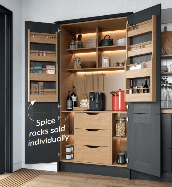 Modern kitchen pantry with open Cartmel Graphite doors displaying oak shelves, drawers and spice racks.