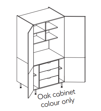Line drawing of a Butler's Pantry with open doors. Internal drawers and shelves. Labelled 'Oak cabinet colour only'.