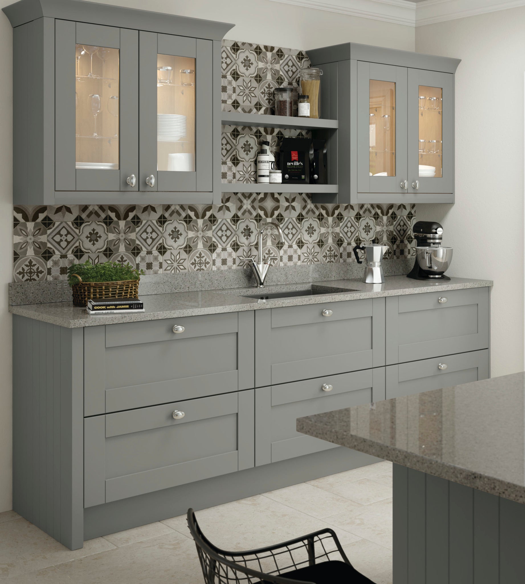 Dust Grey kitchen with tiled backsplash and modern appliances