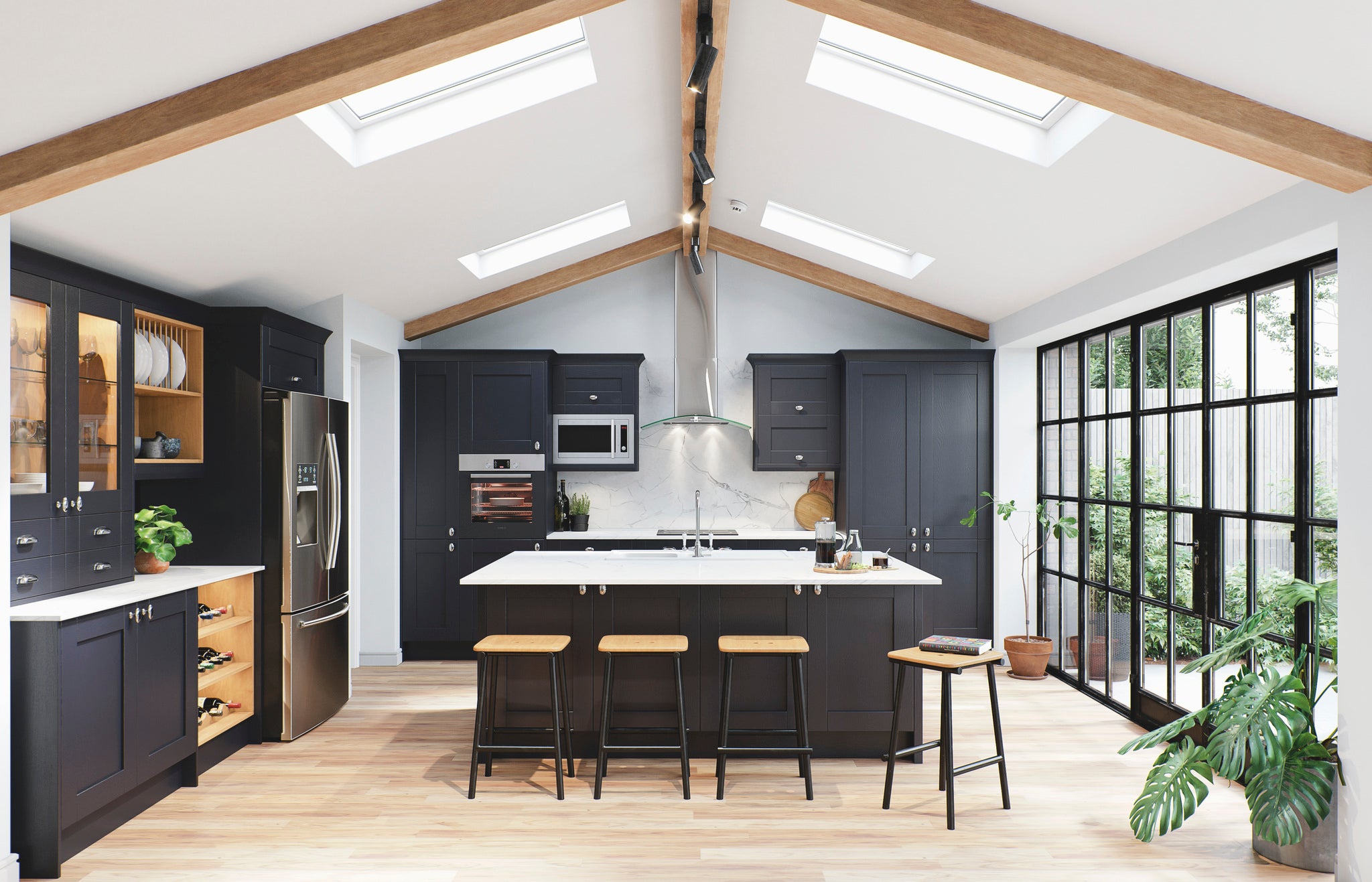 Modern kitchen with indigo cabinets, white countertops, and large windows.