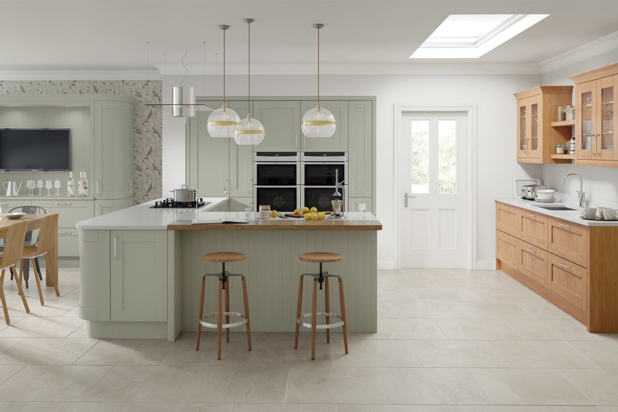 Modern kitchen with wooden cabinets, island, and stools.