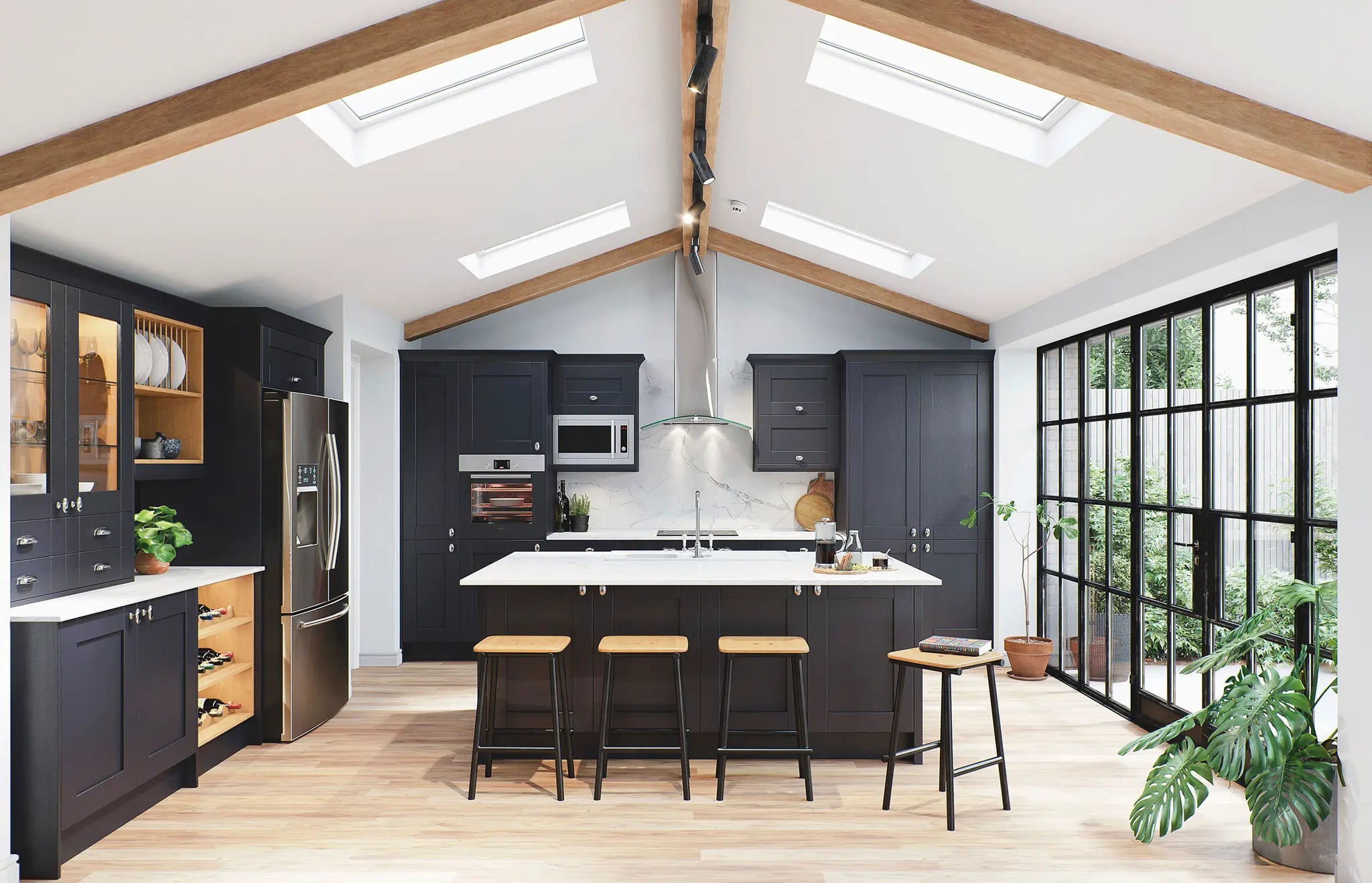 Modern shaker kitchen with indigo blue cabinets, white countertops, and large windows. Featues wooden plate and bottle racks in an oak finish.