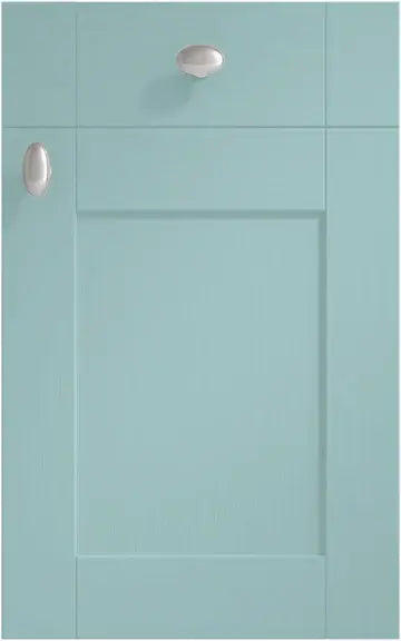 Close-up image of a Cambridge painted fjord door with drawer front. Both fronts have visible wood grain, and each has a silver knob.