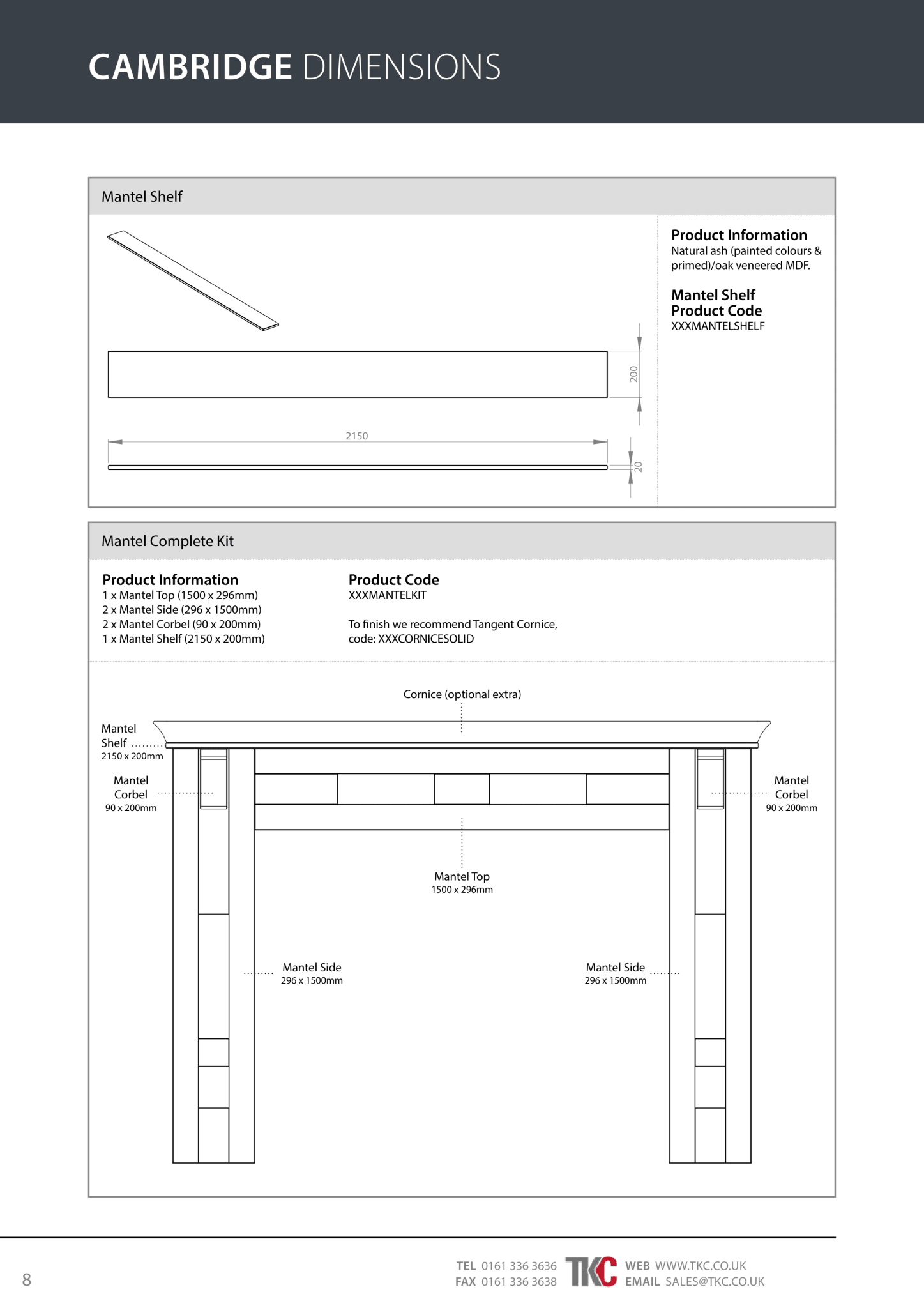 Technical drawing of a mantet shelf with dimensions and product information on a white background.