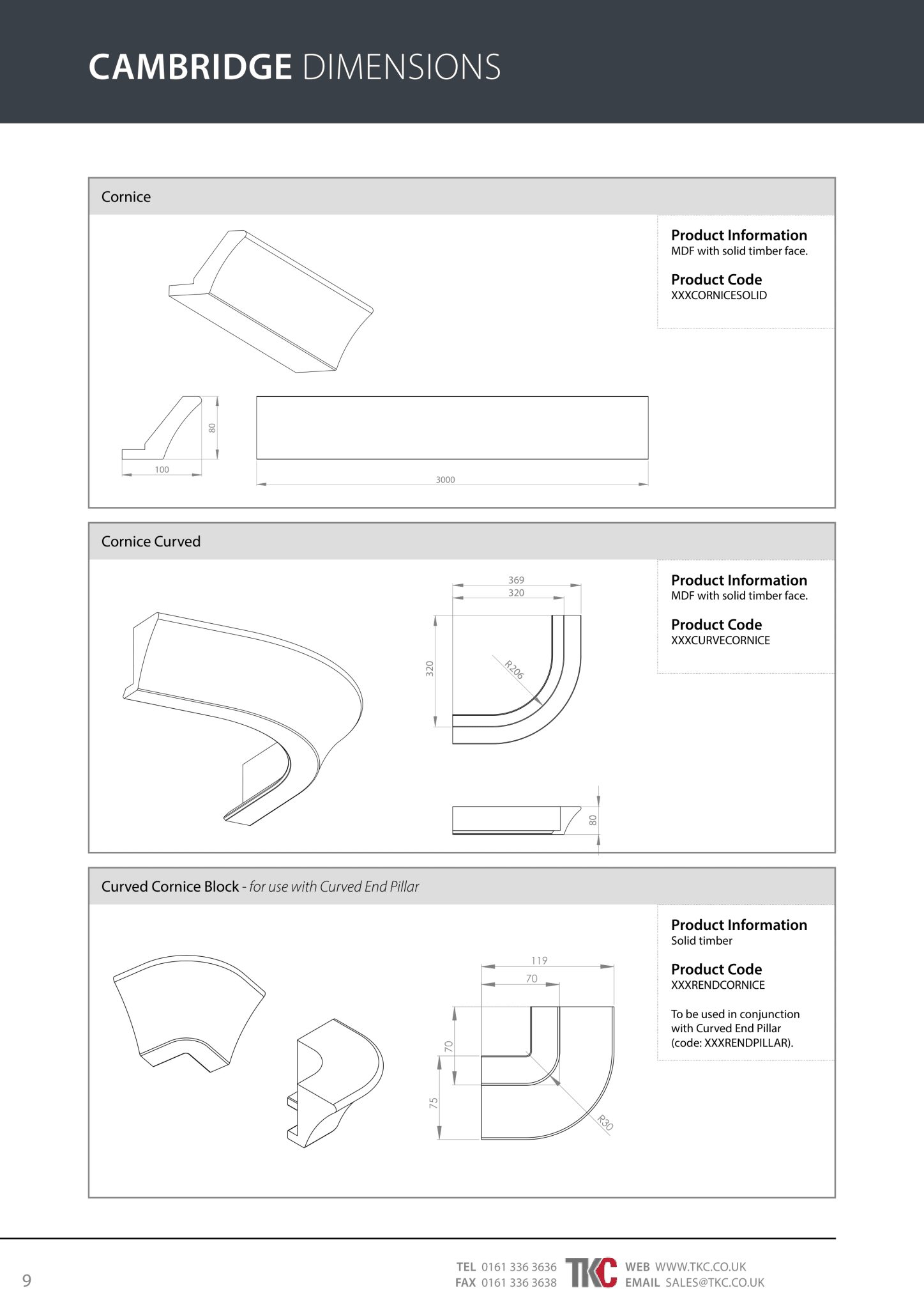 Technical drawings of Cambridge cornice products with dimensions and product codes on a white background.
