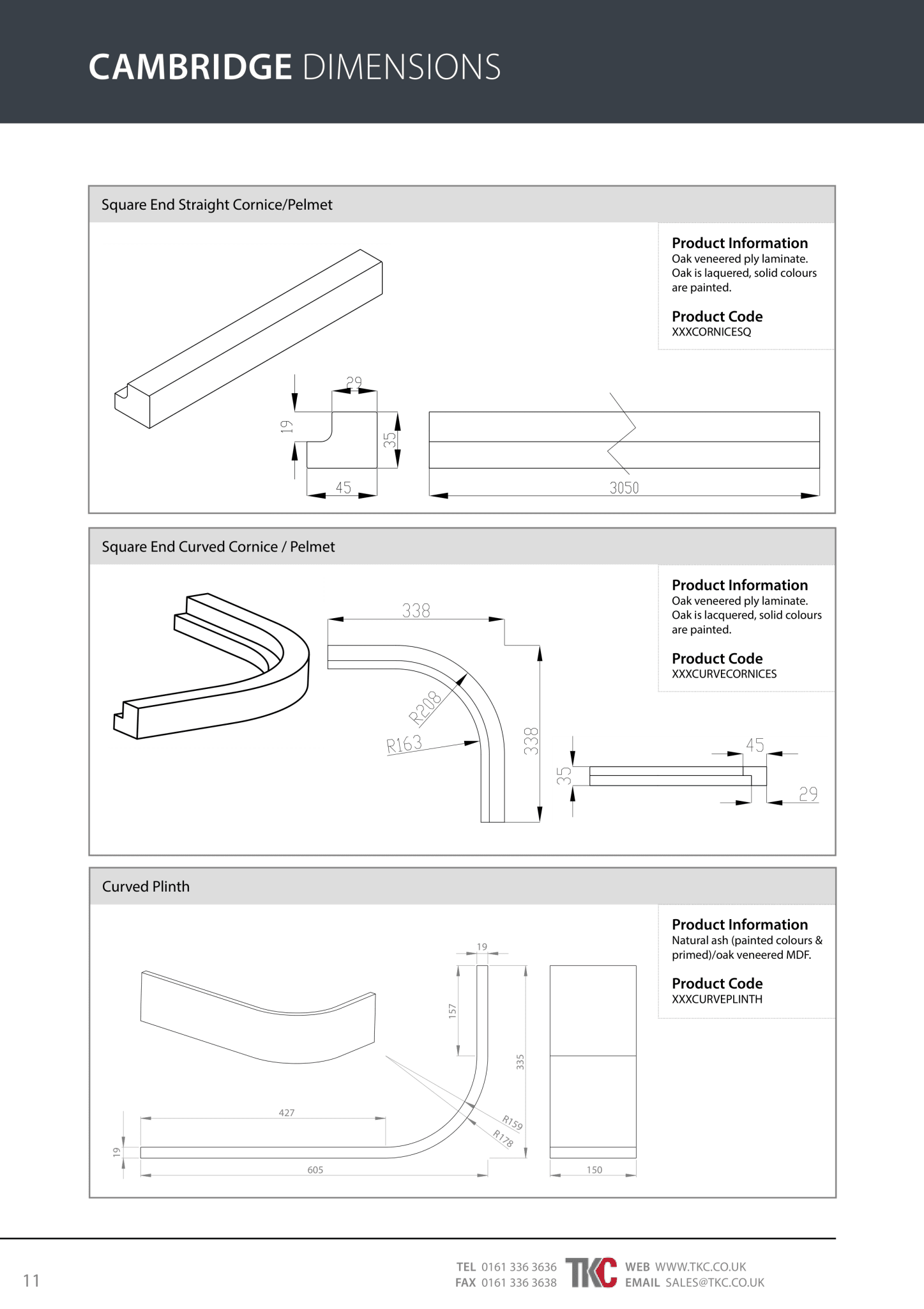 Cambridge Product Guide featuring the Curved Plinth with dimensions on a white background.