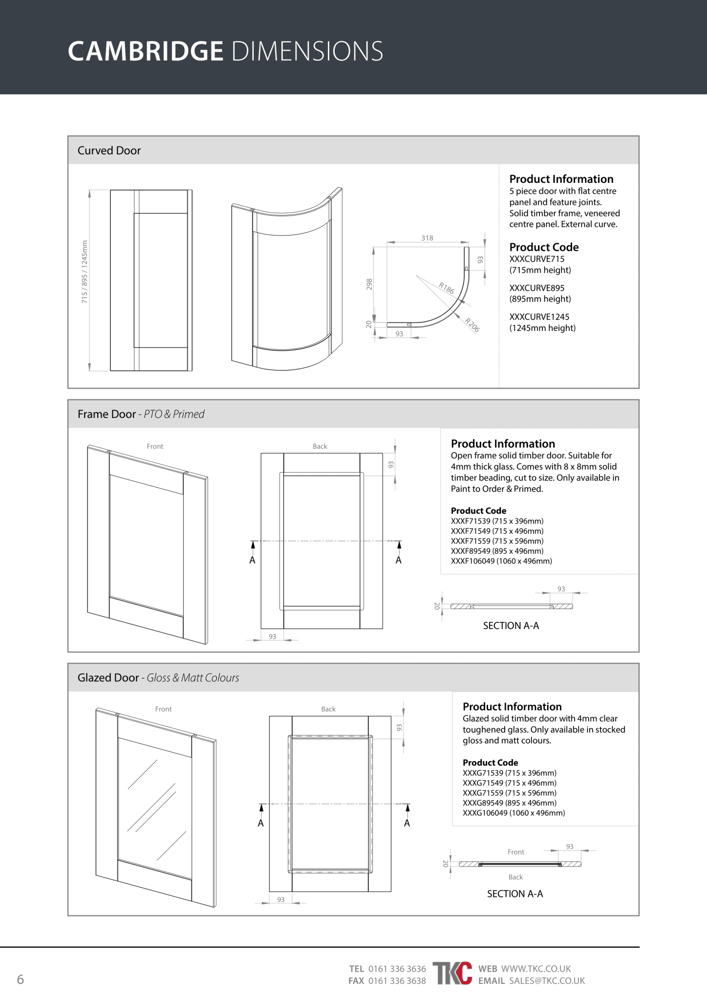 Technical drawings of different door designs with dimensions labelled, featuring TKC branding.