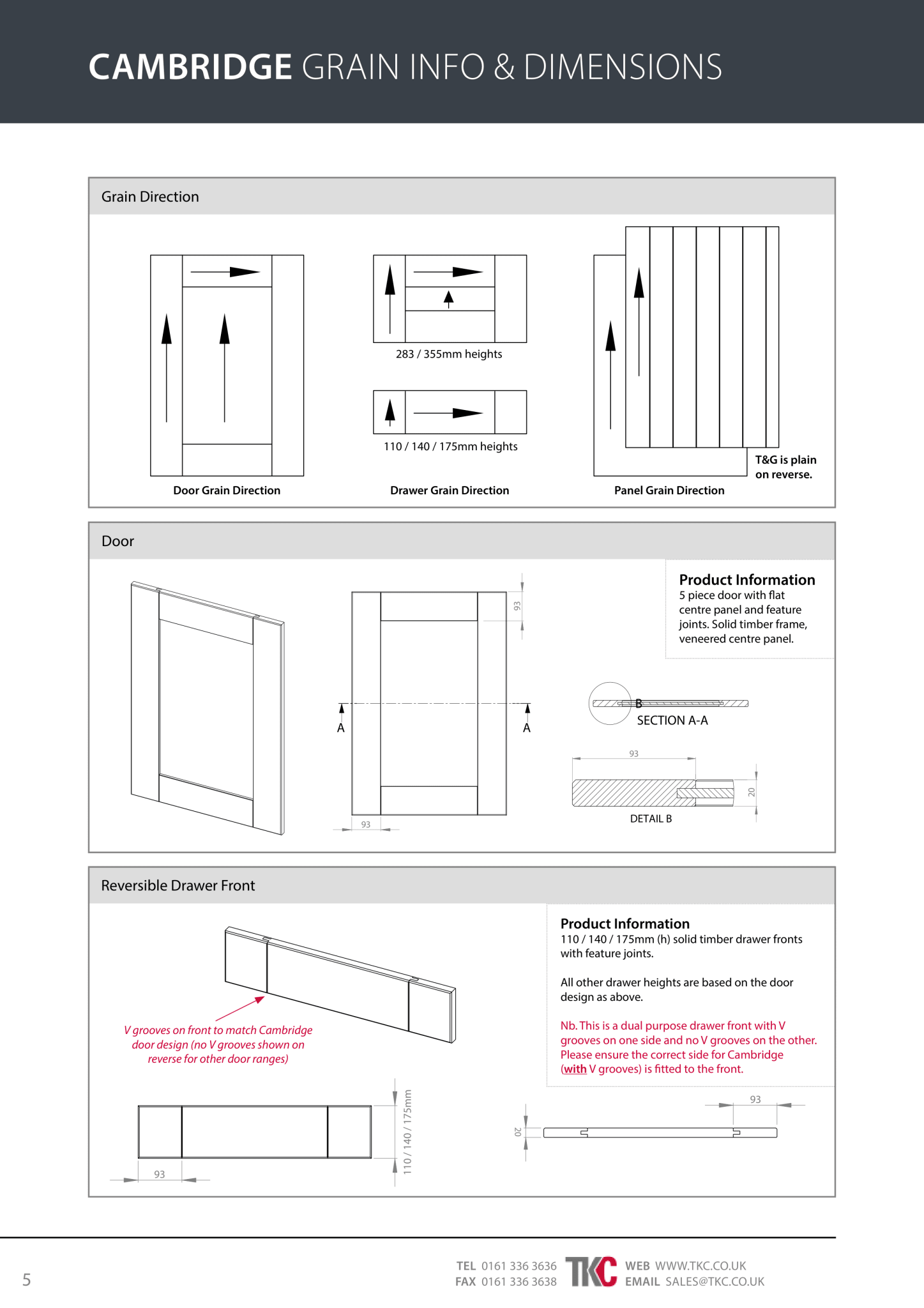 Technical drawing of a Cambridge door and drawer system with grain direction, dimensions, and product information.