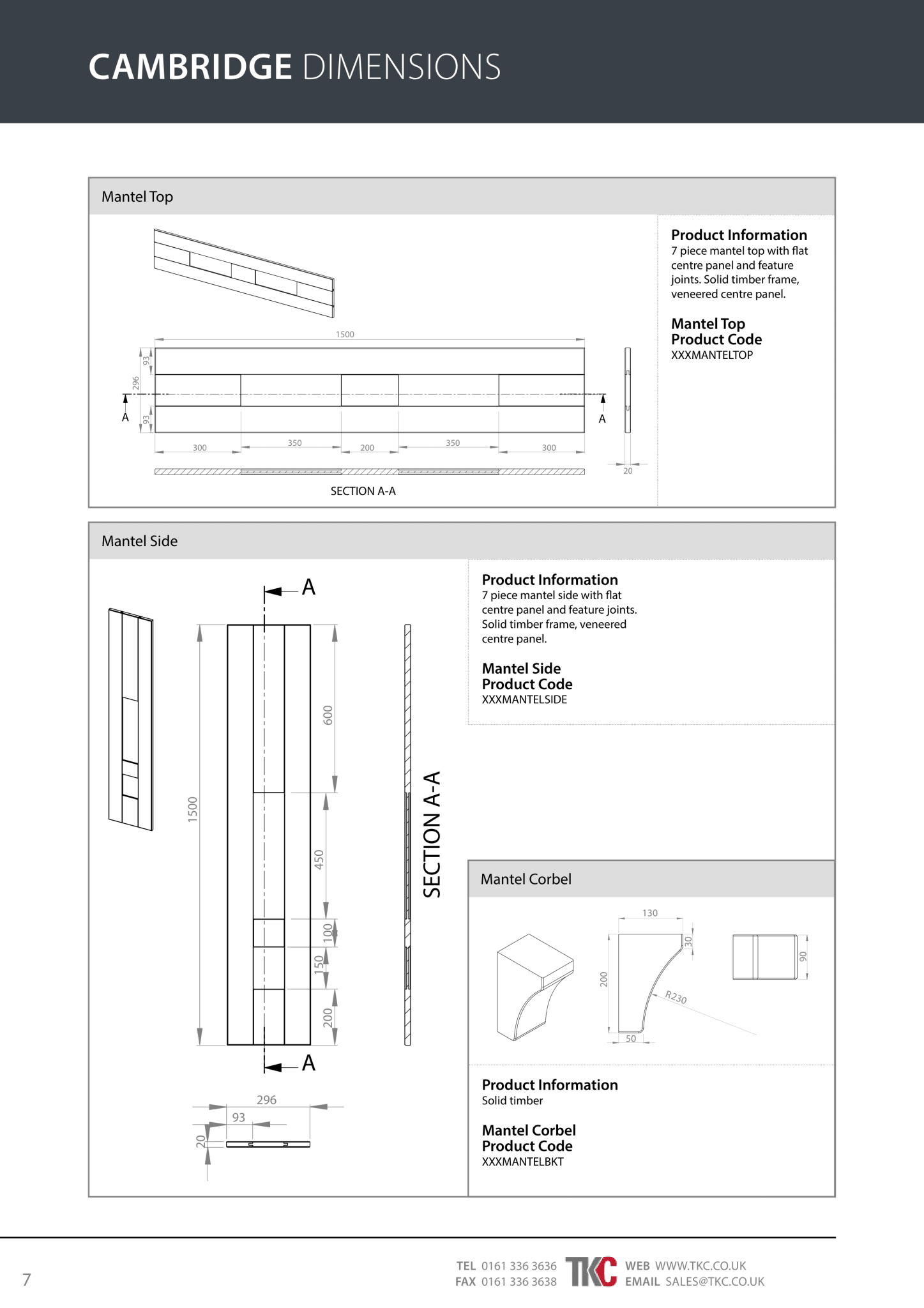 Technical drawings and product information for Cambridge Dimensions, including mantel top, side, and corbel products.