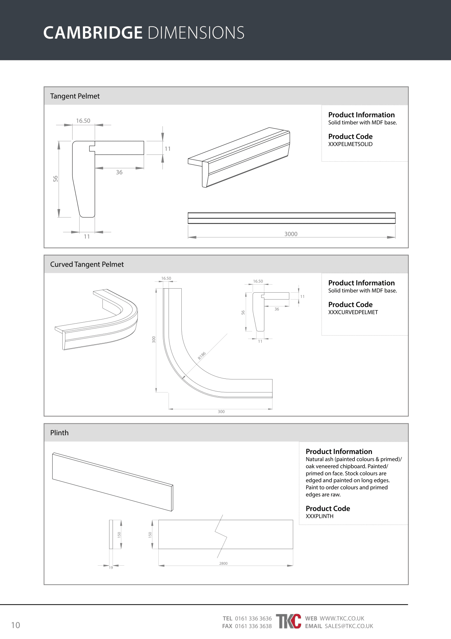 Technical drawings of Cambridge pelmet and plinth with dimensions and product codes on a white background.
