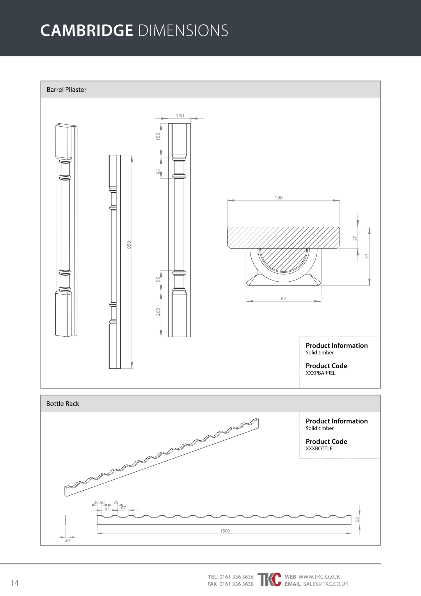 Cambridge technical drawings of a barrel pilaster and bottle rack with dimensions.
