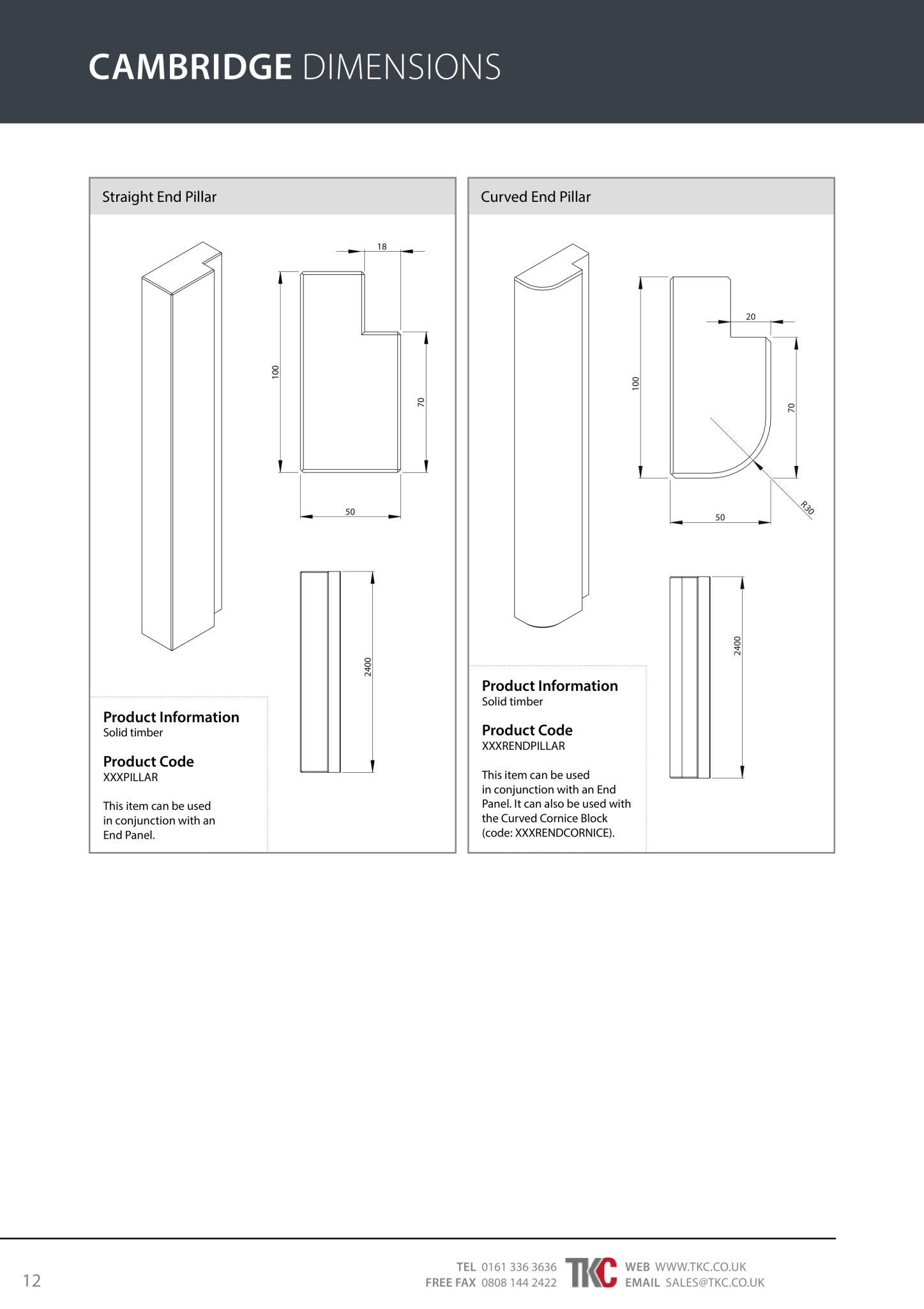 Technical drawing of Cambridge straight and curved end pillars with dimensions on a white background.