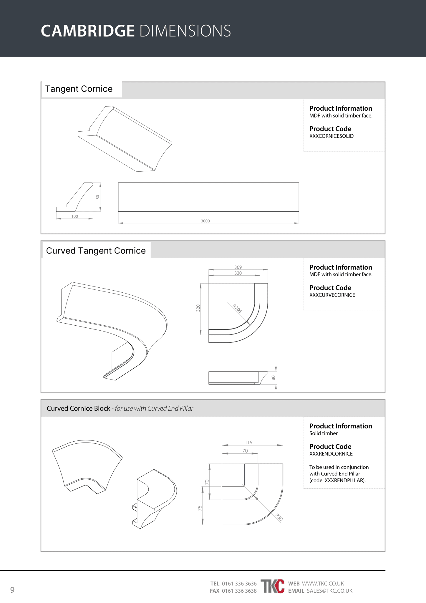 Technical drawings of Cambridge kitchen cornices with dimensions and product codes on a white background.