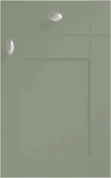 Cambridge Reed Green cabinet door with two silver handles.