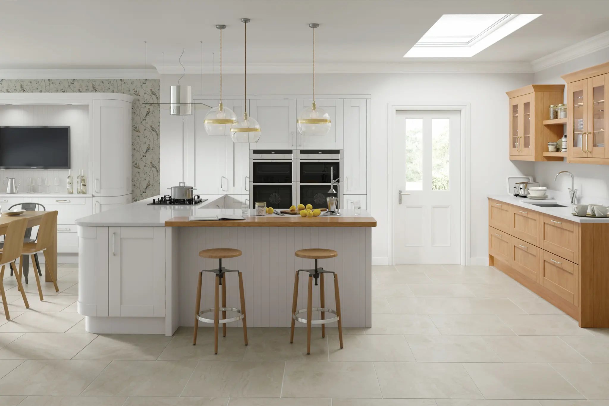 Light Grey and Oak shaker kitchen with breakfast bar featring light grey tongue and groove panelling.