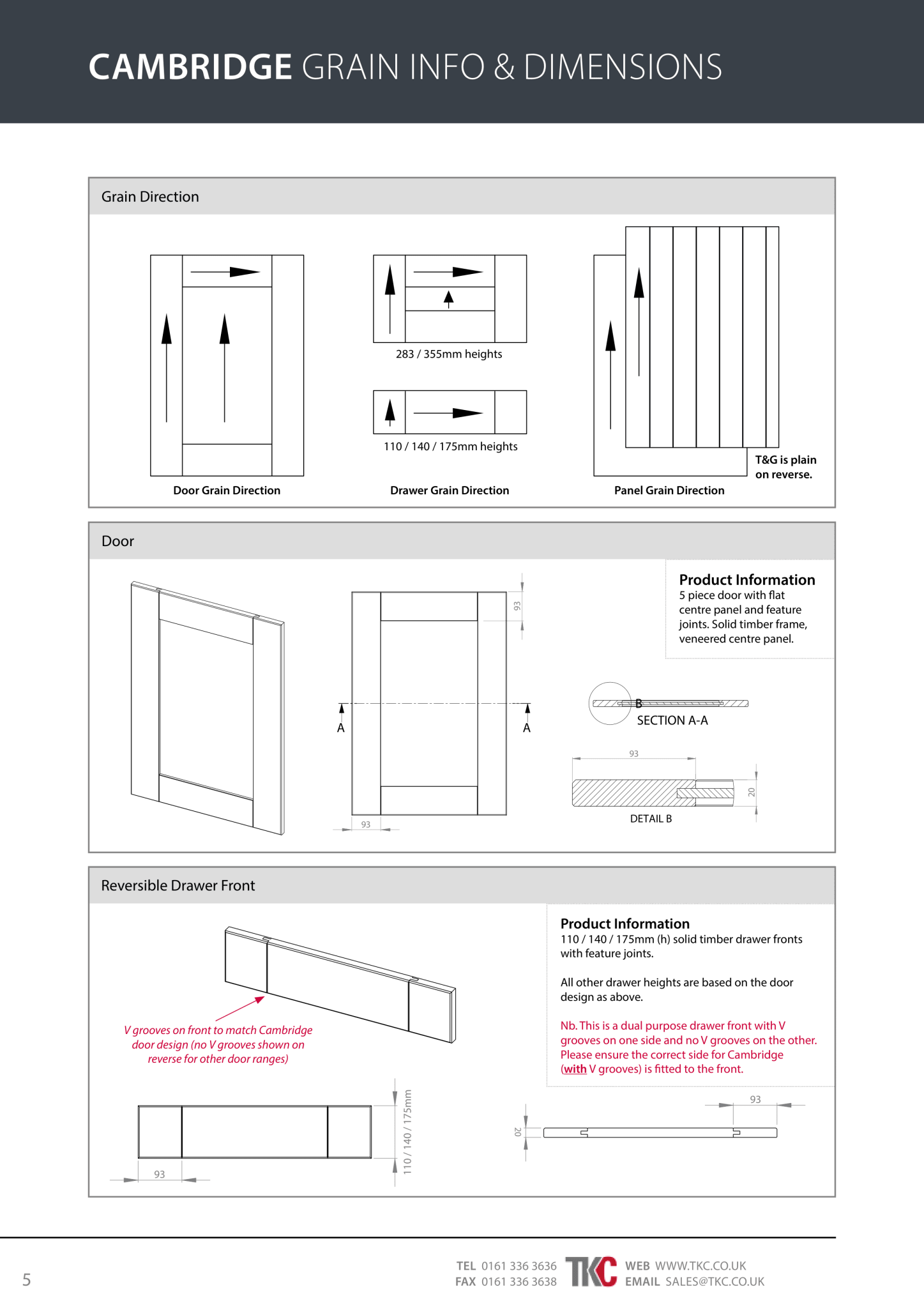 Technical drawing of a Cambridge door and drawer system with grain direction, dimensions, and product information.