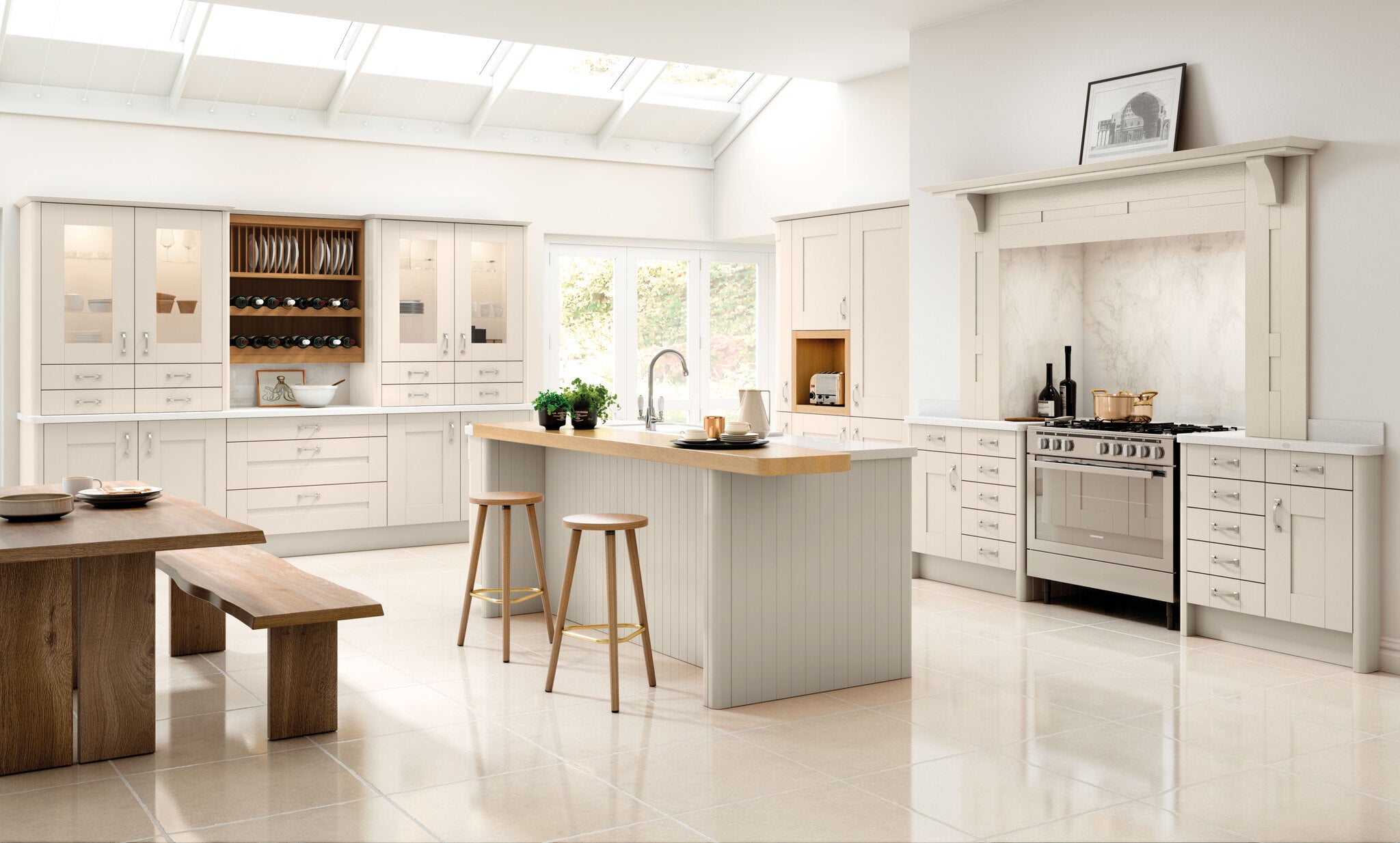 Modern kitchen with cashmere cabinets, wooden island, and stainless steel appliances.