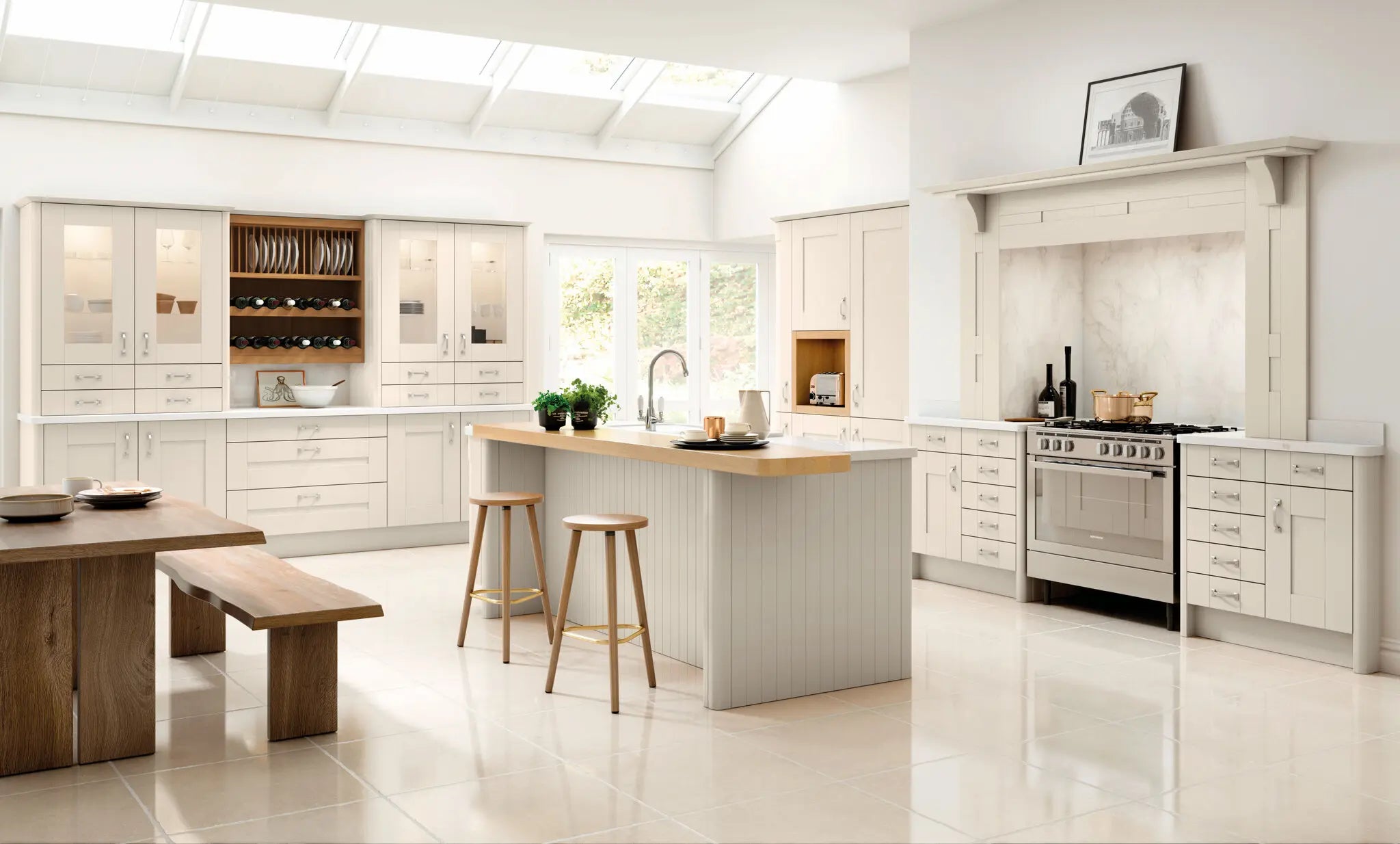 Modern kitchen with cashmere cabinets, mantel kit, island with t&g panelling, and stainless steel appliances.