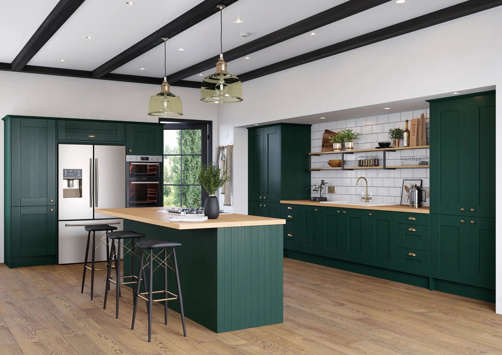 Modern Cartmel kitchen with fir green cabinet doors, wooden island, and stainless steel appliances.