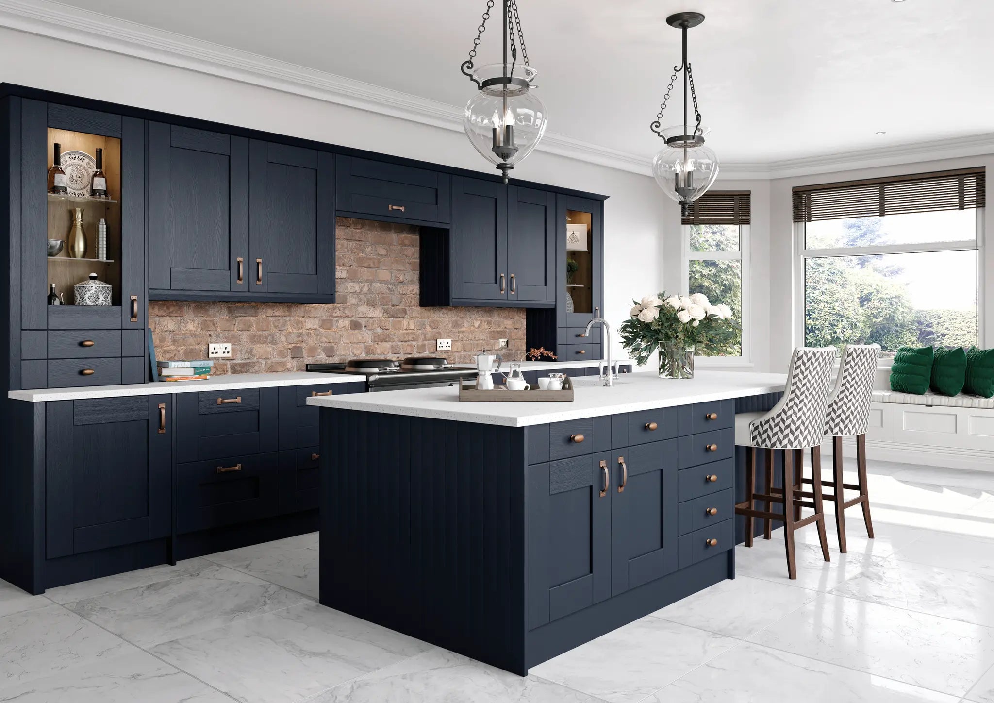 Modern Cartmel kitchen with indigo cabinet doors, white countertops, and marble flooring.