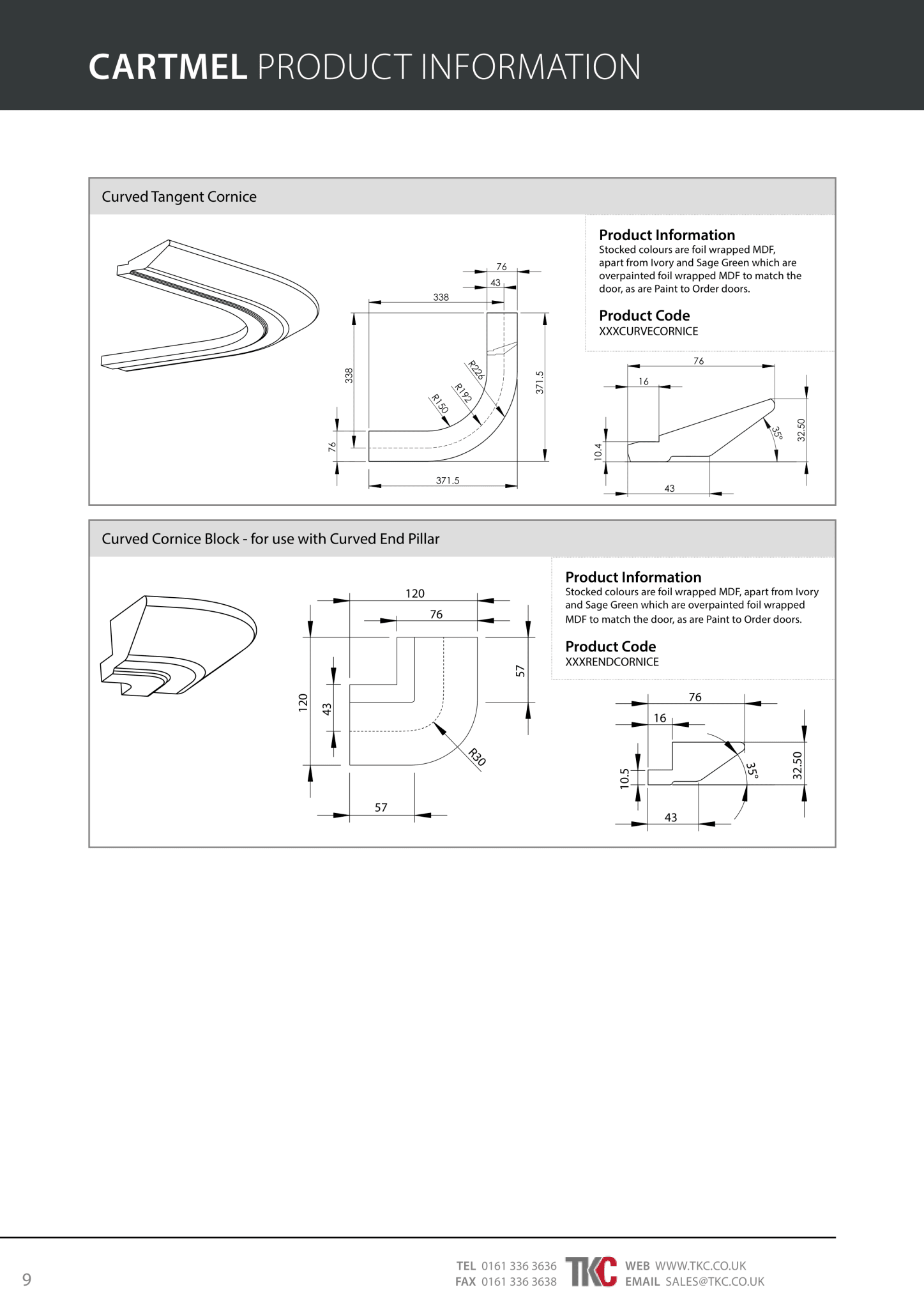 Technical drawings and product information for Cartmel curved tangent cornice and block on a white background.