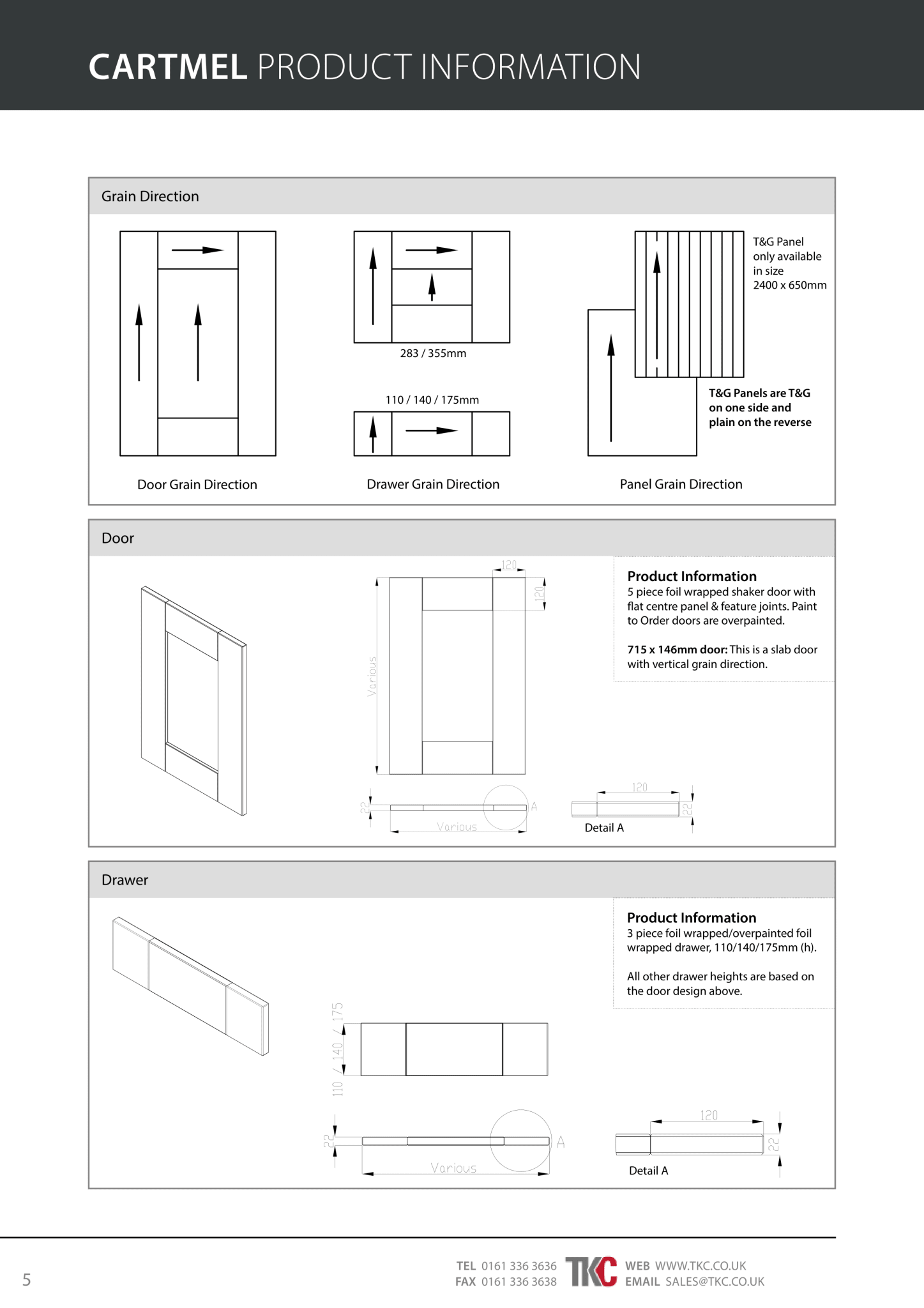 Technical drawings and product information for Cartmel door and drawer design on a white background.