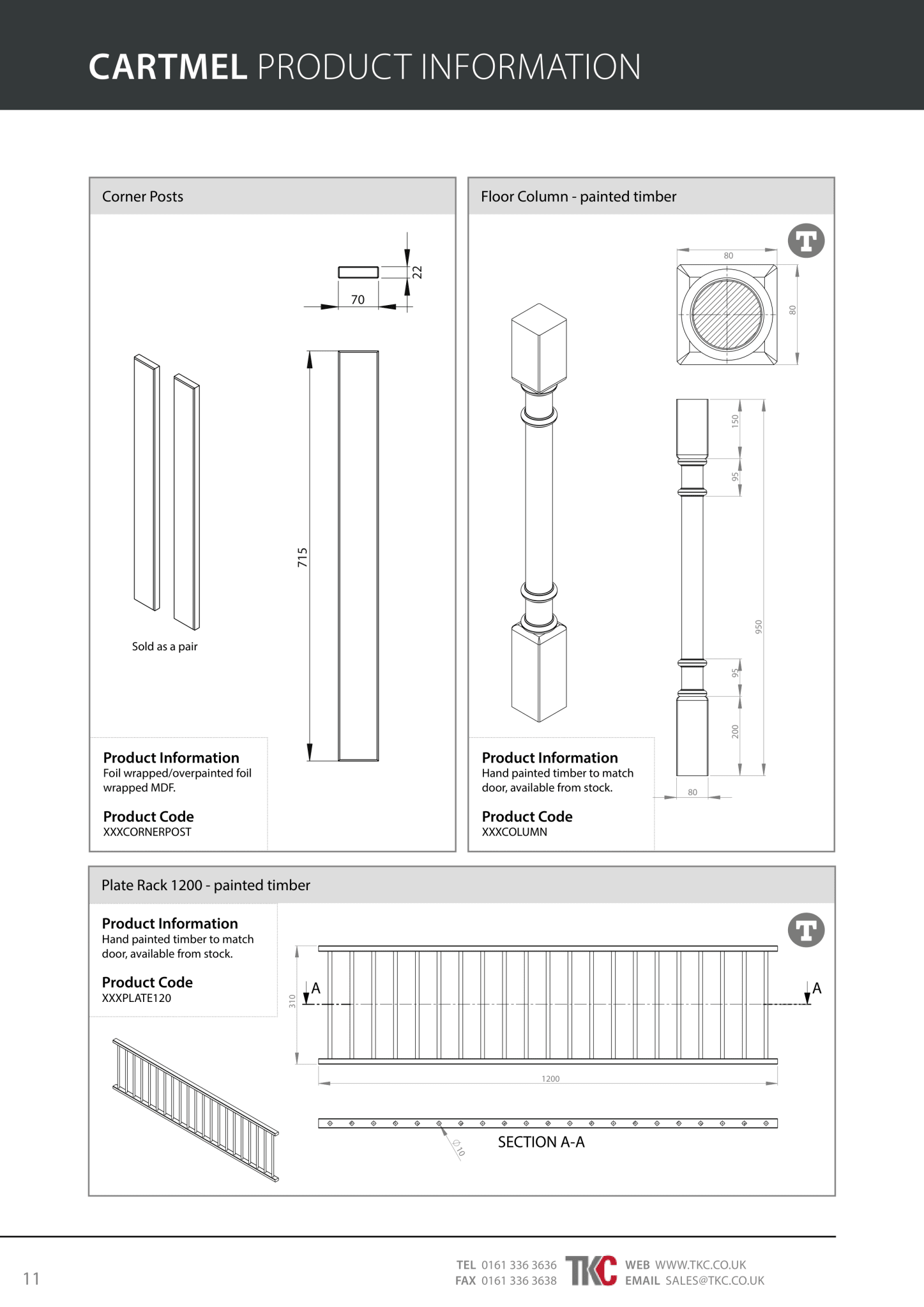 Product information sheet for Cartmel with technical drawings and dimensions.