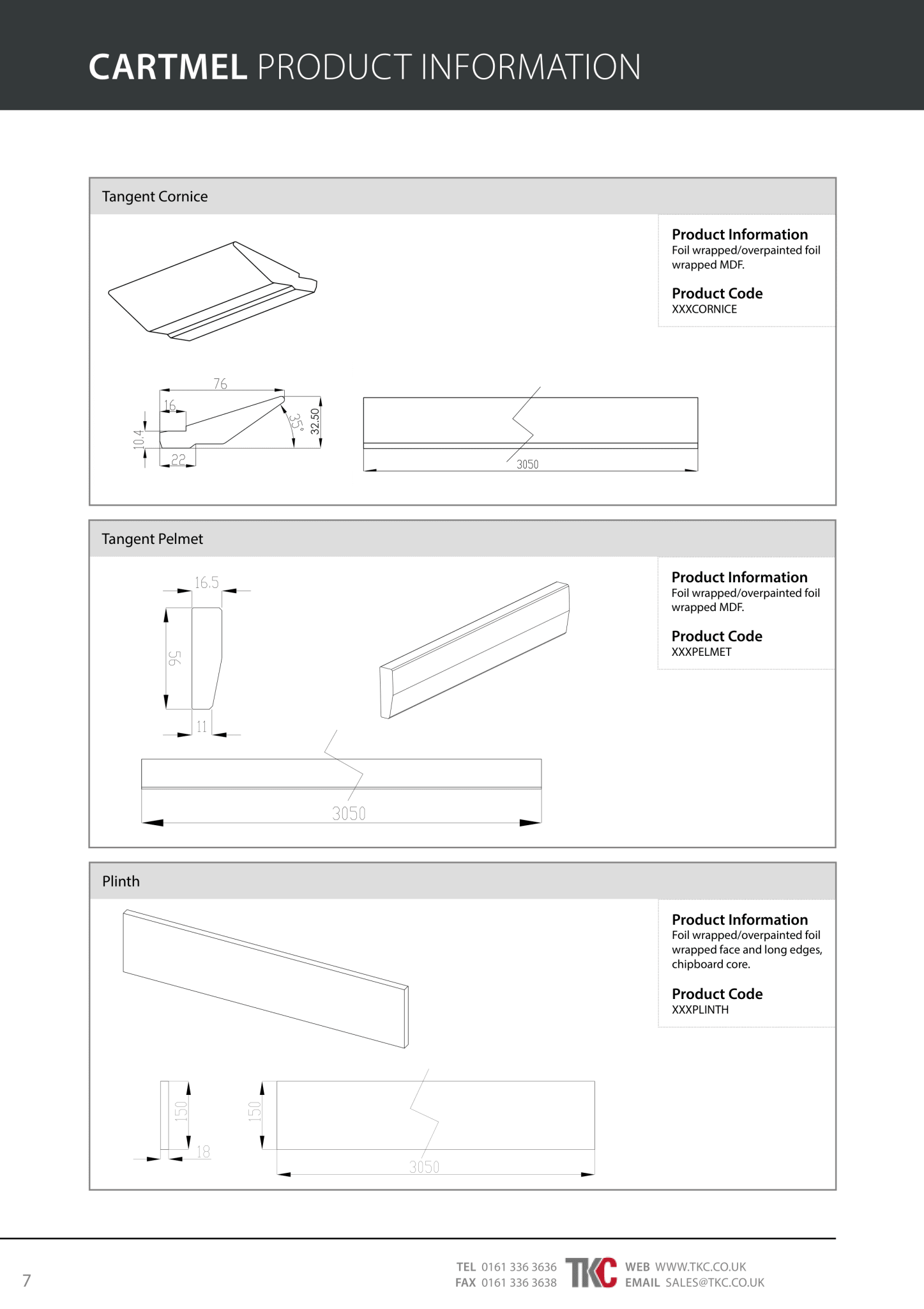 Product information sheet for Cartmel with technical drawings and dimensions.