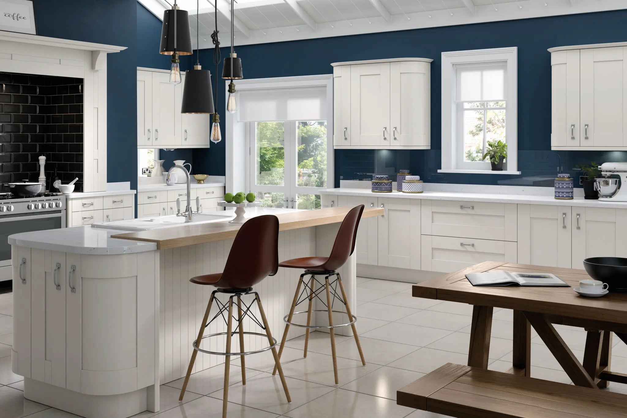 Modern shaker kitchen with white cabinets and island. Features a mantel kit, curved doors and tongue and groove panelling.