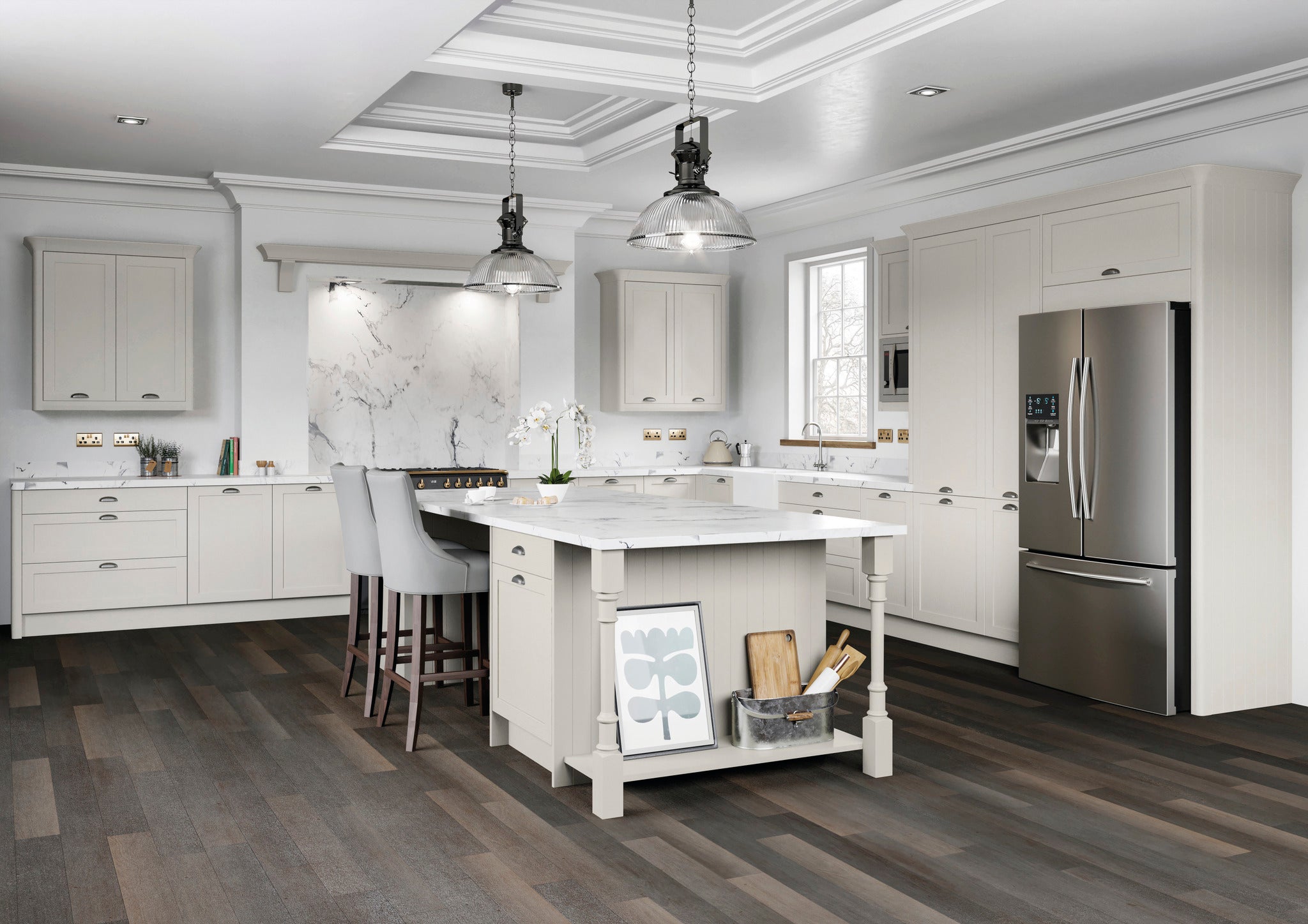 Modern kitchen with white cabinets, island, and stainless steel appliances.