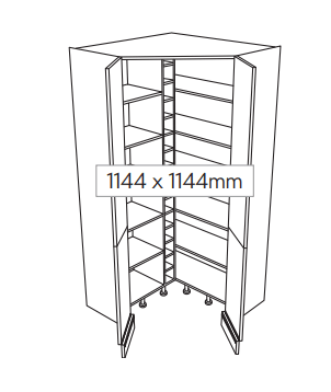 Line drawing of a corner larder unit with dimensions 1144 x 1144mm.