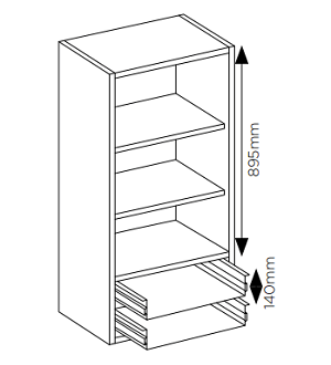 Technical drawing of a Dresser Unit. Three shelves and two drawers. Dimensions shown as 895 from top to drawers, and 140 from there to the bottom.