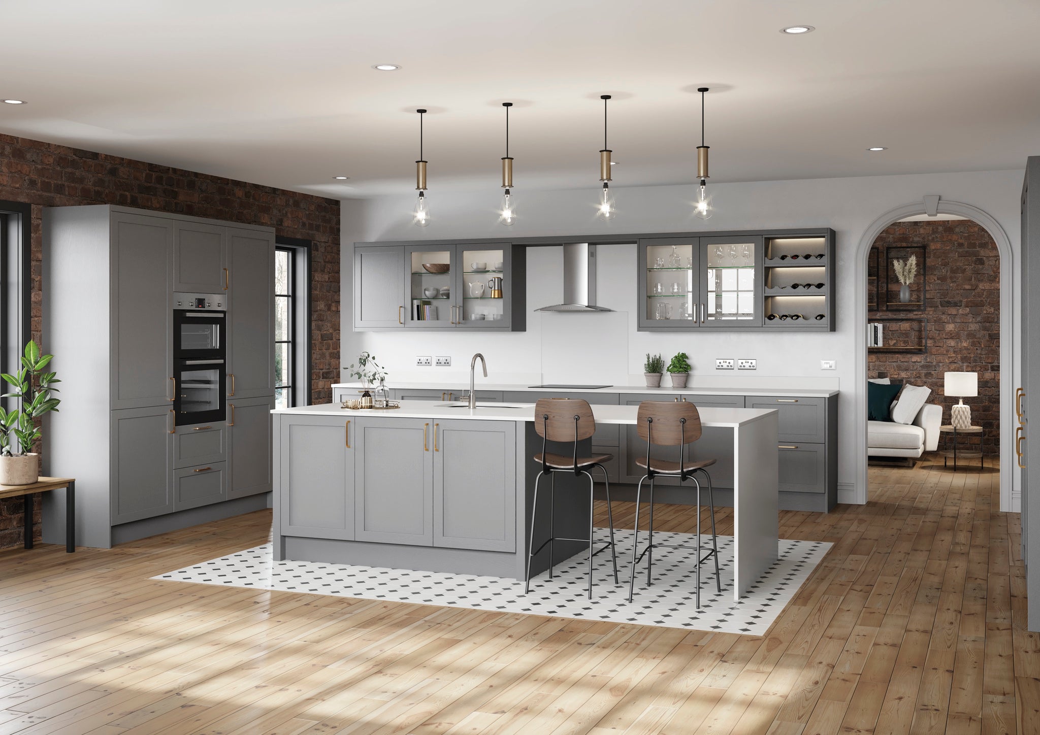 Modern kitchen with grey island, wooden floor, and white walls