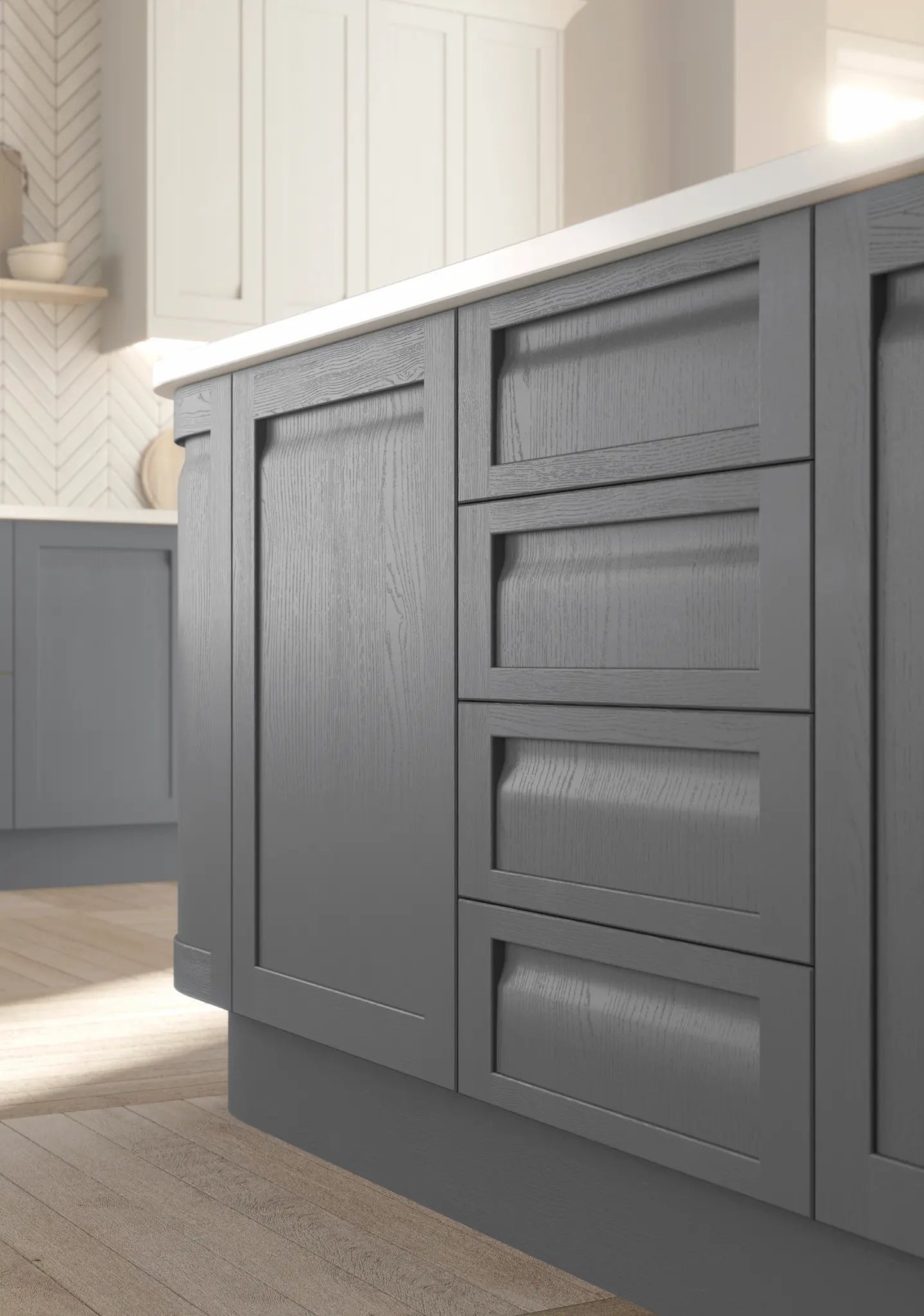 Dust Grey kitchen doors and drawer fronts from the Grantham range highlighting the wooden grain and the handleless grip.