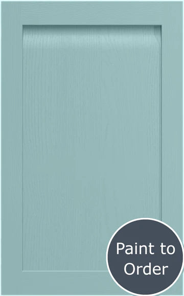 A painted fjord shaker style door with a solid ash frame and a veneered centre panel, hand painted with visible timber grain.