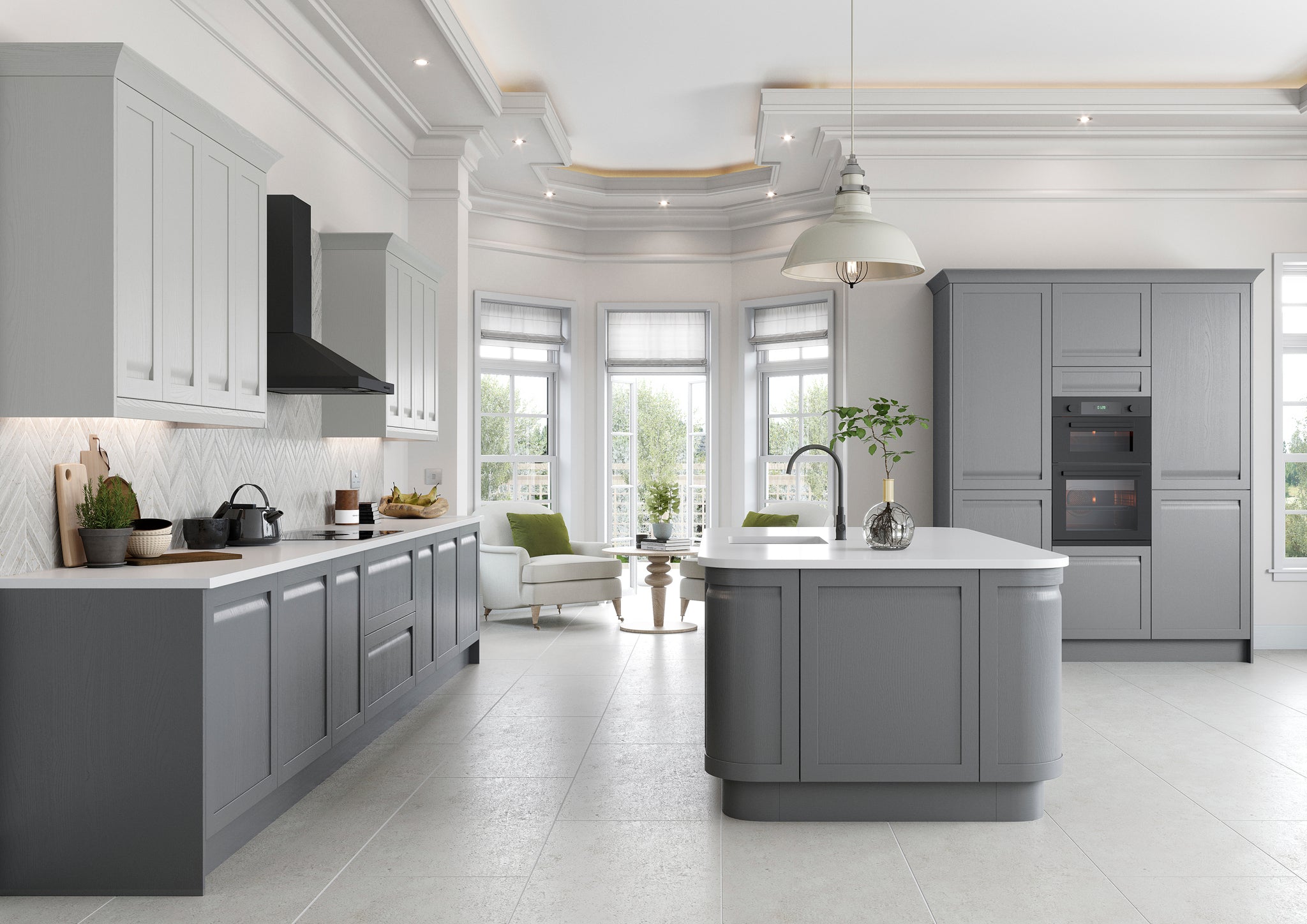 Modern kitchen with grey cabinets and white countertops